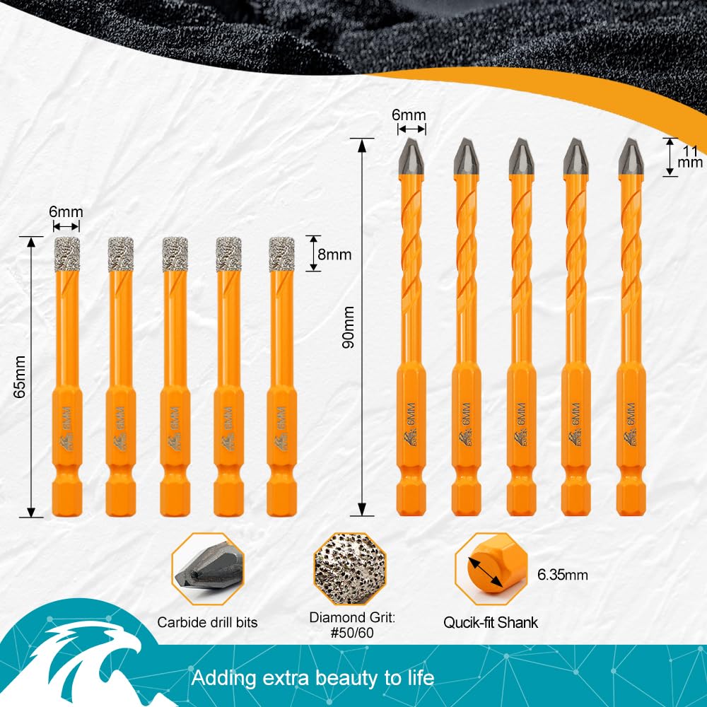 EXFEIN Diamond Tile Drill Bits and Carbide Masonry Drill Bits 10pcs/set - Image 2