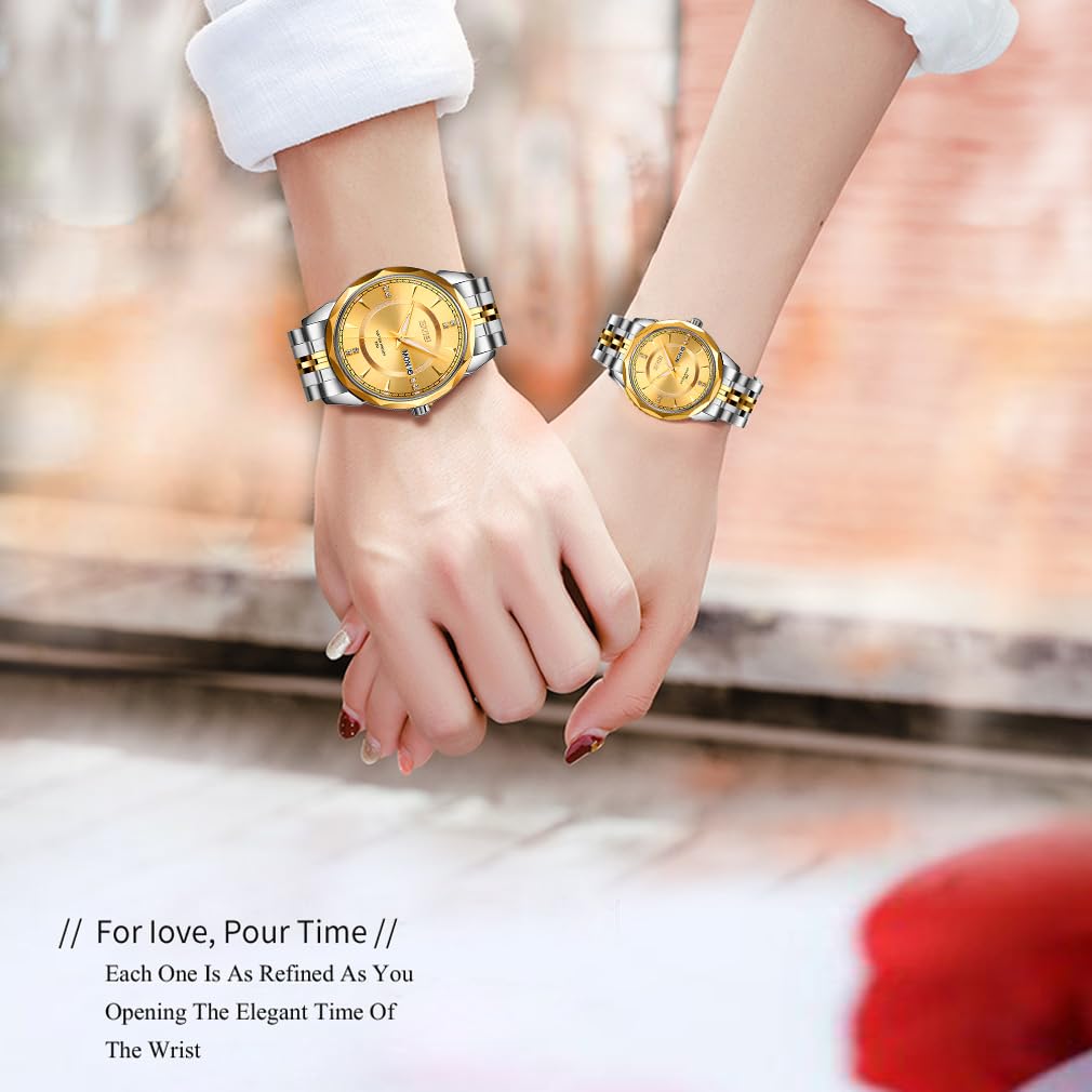 SKMEI Paar Uhren für Paare, Männer und Frauen, für Sie und Ihn, Uhrenset für Ehemann und Ehefrau, Valentinstag, passende Hochzeitsgeschenke, Edelstahl, Luxus, Business-Gold-Armbanduhr, Goldfarbenes