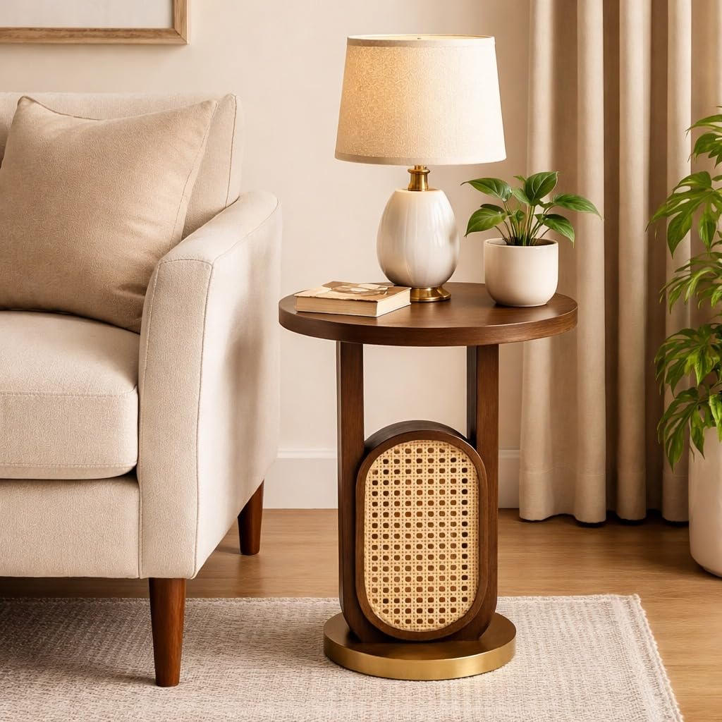 Modern Wooden Side Table with Rattan Panel Round End Table for Living Room Bedroom Bedside Table with Storage Shelf Natural Finish-image-40