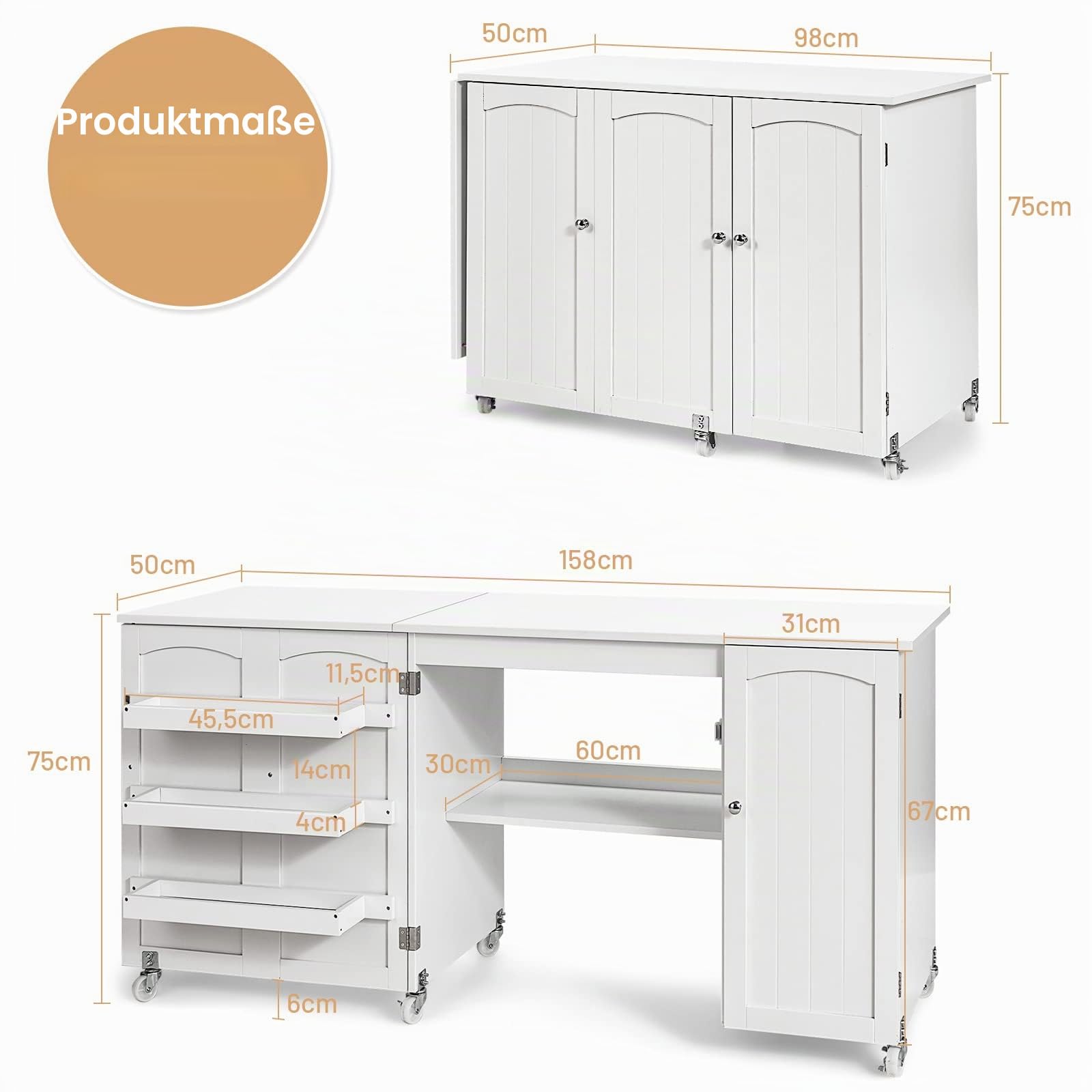 GIANTEX Nähtisch klappbar, Nähschrank auf Rollen, Nähmaschinentisch Nähtisch für Nähmaschine, Nähmaschinenschrank mit Arbeitsplatte & Ablagen & Tür, Mehrzwecktisch Basteltisch Holz 158,5x50x74cm