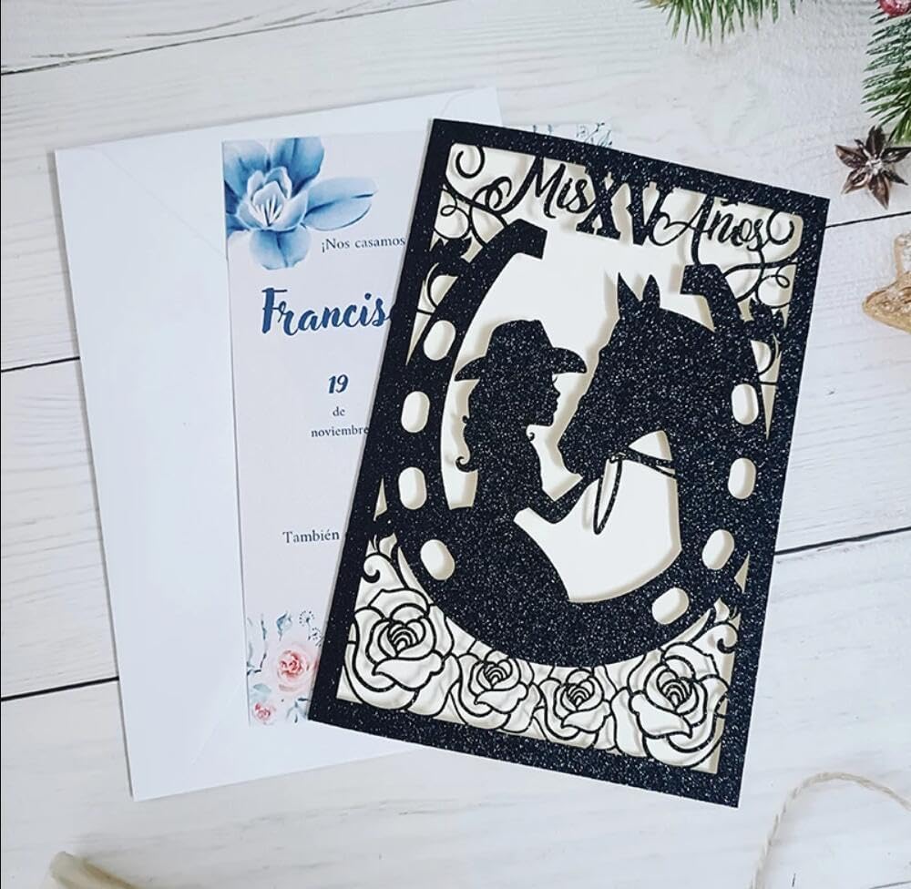 20Pcs Gold Horse Laser Cut Sweet 15 Quinceanera Invitation Cards Only, Western Glitter Birthday Cards for Party