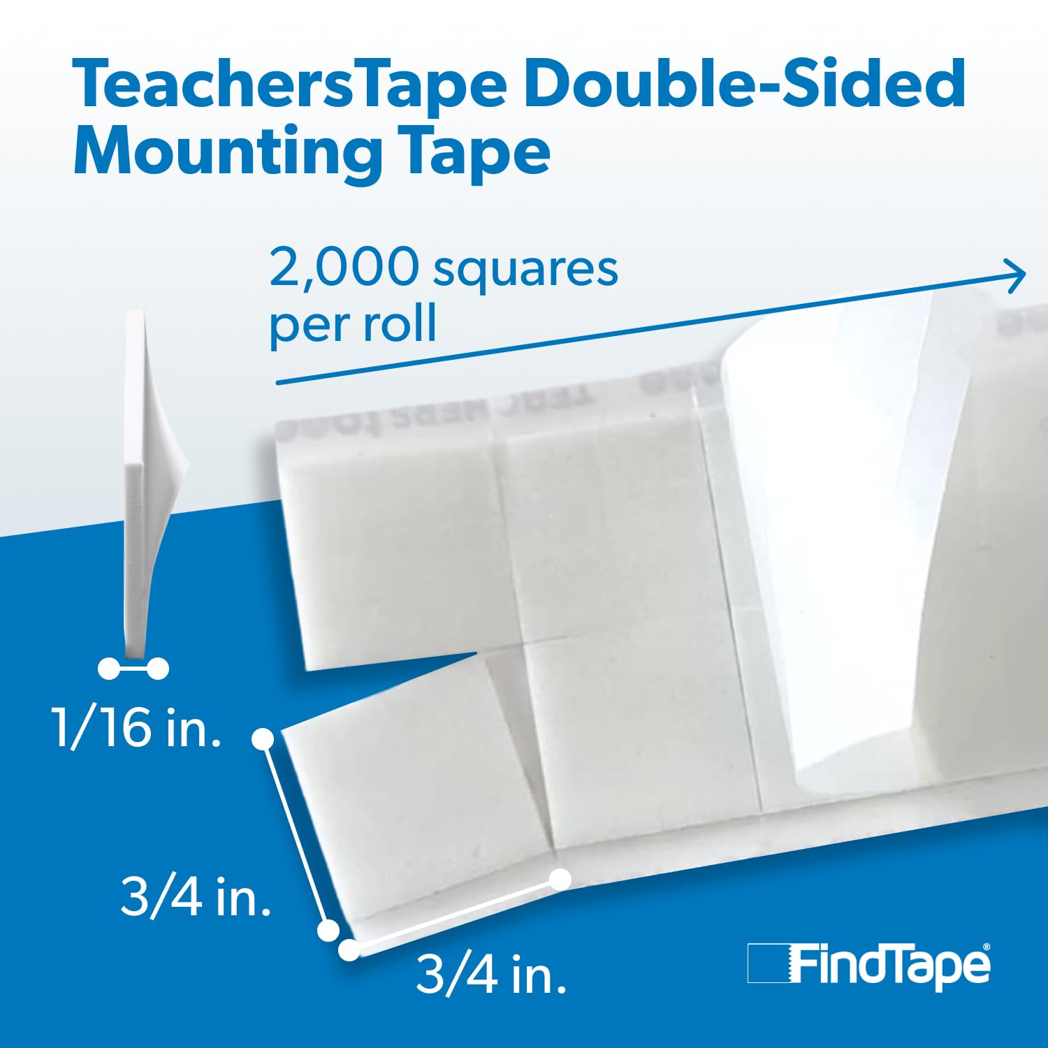 FindTape TeachersTape Doppelseitiges Montageband [abnehmbarer Schaumstoff]: 3/4 in. x 3/4 in. (Weiß) / 2000 pads/rollen