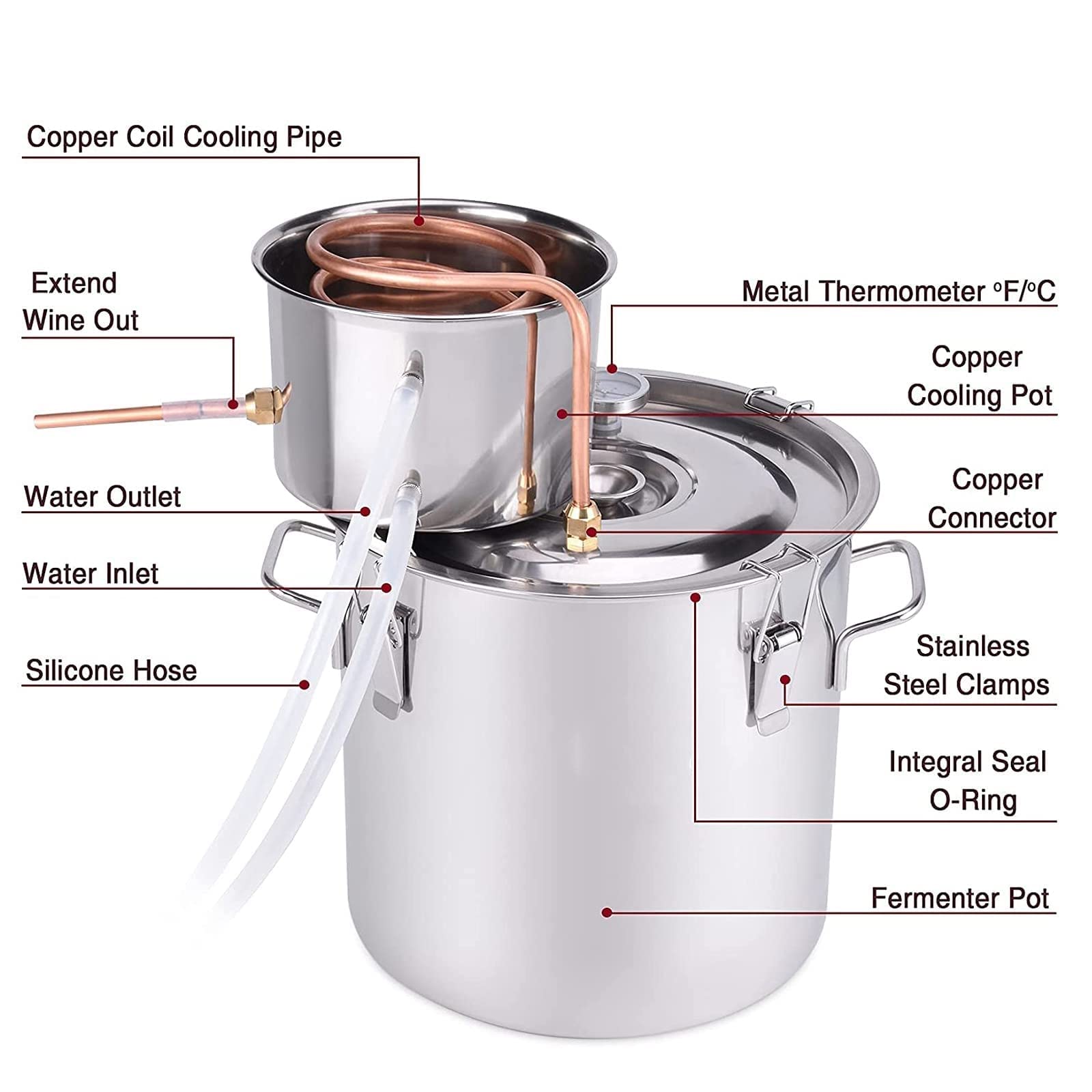 Destilador de Agua, alambique de Acero Inoxidable, Kit de destilación casera con termómetro, vaporización sin oxígeno para Obtener un Aceite Esencial más Puro,6l/1.5gal