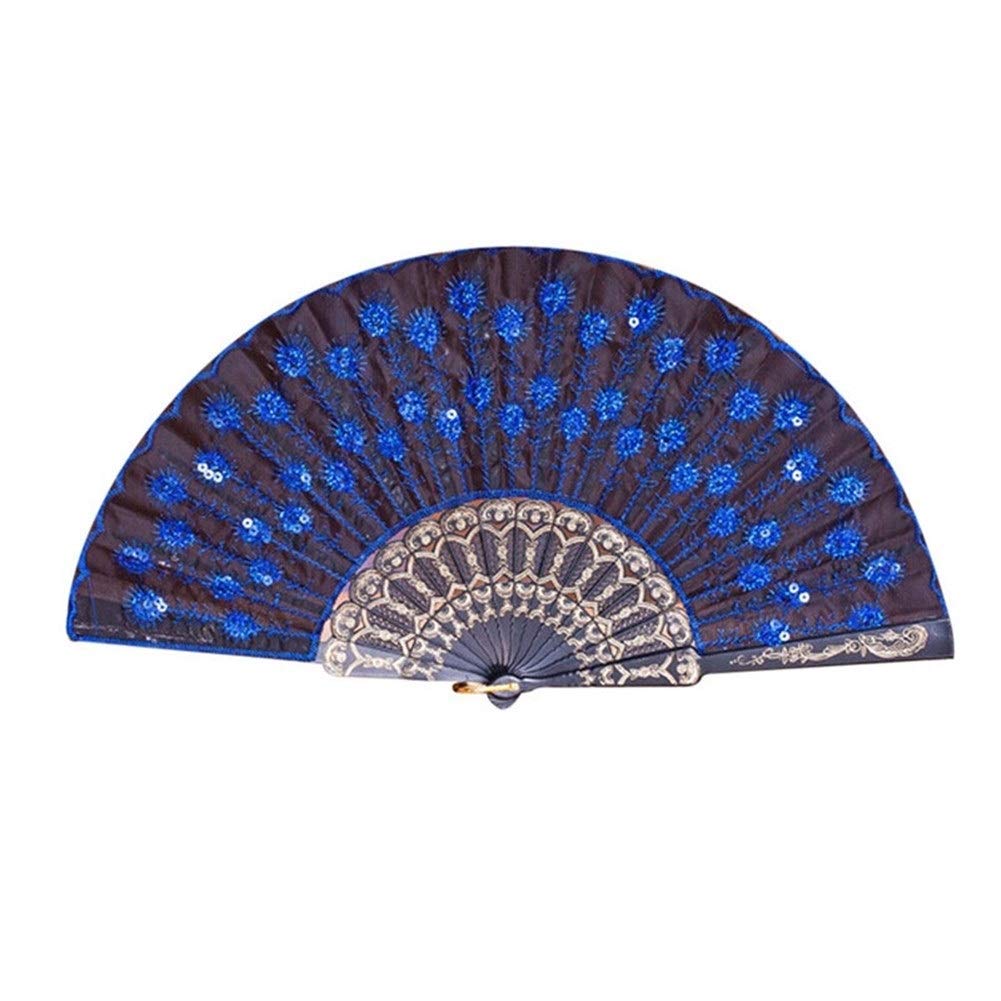 NZPOST Folding fan Peacock Pattern Folding Hand Held Fan Embroidered Sequin Party Wedding Prom Chinese Spain Hand Fan Folding fan (C)