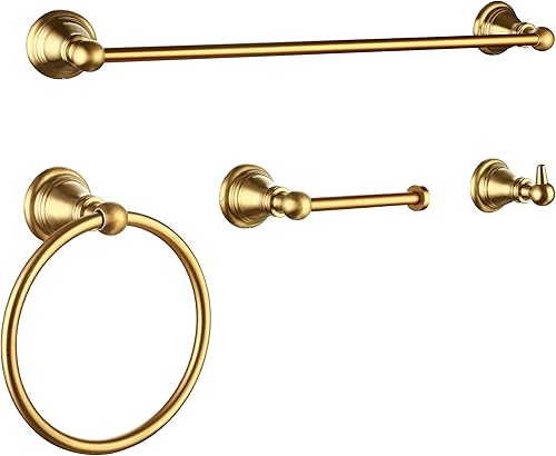 F-080-BG - Juego de accesorios de baño de 4 piezas con toallero de 18 pulgadas, anillo para toallero, soporte de papel, gancho para bata, oro