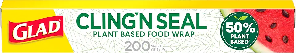 Glad 50% Plant Based Cling N Seal Plastic Wrap for Food, Airtight Seal, 200 Square Foot Roll (Pack of 1) GreenCircle Certified: Certified Environmental Facts Label