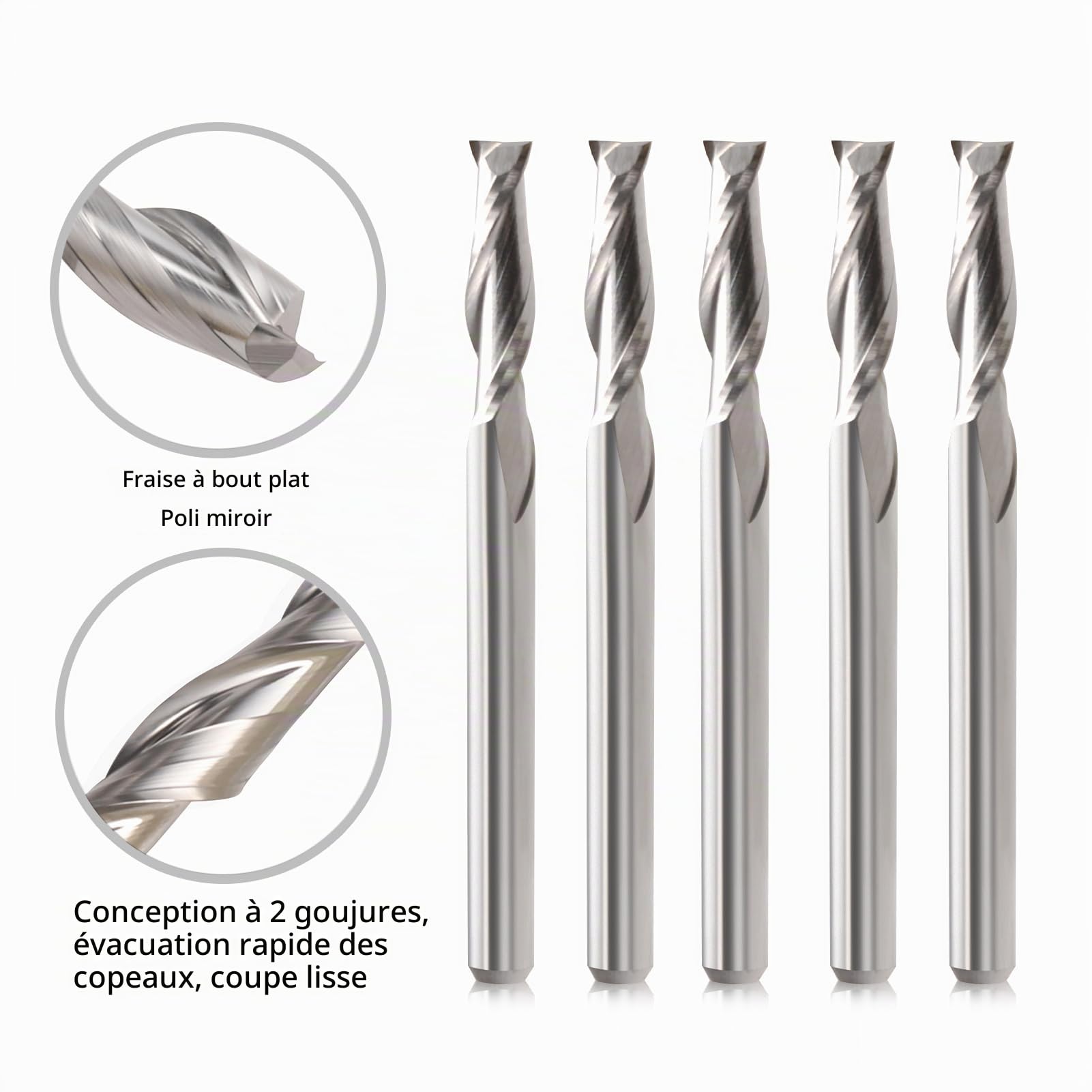 Lot de 5 fraises CNC, tige de 6 mm, diamètre de coupe de 6 mm, longueur de coupe 42 mm, Upcut 2 flûtes, routeur pour couper le bois