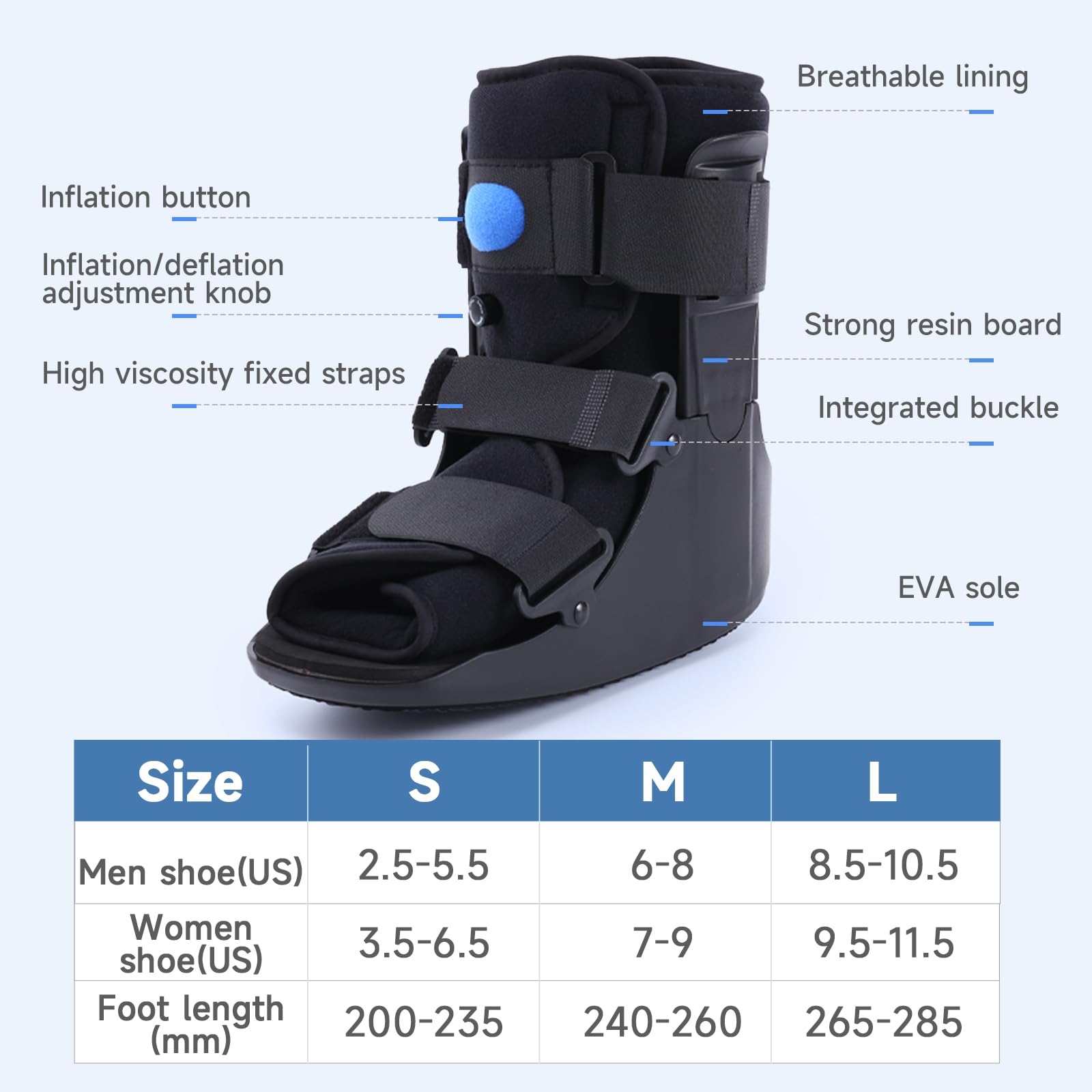 Aufblasbarer Wanderschuh, orthopädischer Fuß, Frakturschuh, ultraleichter Wanderschuh für verstauchten Knöchel, Stressfraktur, gebrochenen Fuß oder Achillessehnenentzündung Schwarz (XL)