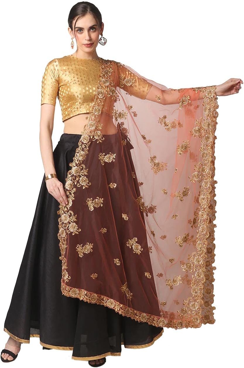 DUPATTA BAZAARWomen's Peach Embroidered Net Dupatta With Cutwork Free