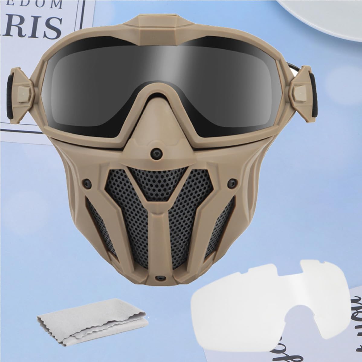 VILLCASE Maschera Protettiva Tattica per Gioco All'aperto Occhiali Antiappannamento Uv, Ventilatore Mini, Materiale Tpu e Pc, per Sci e Guida Moto