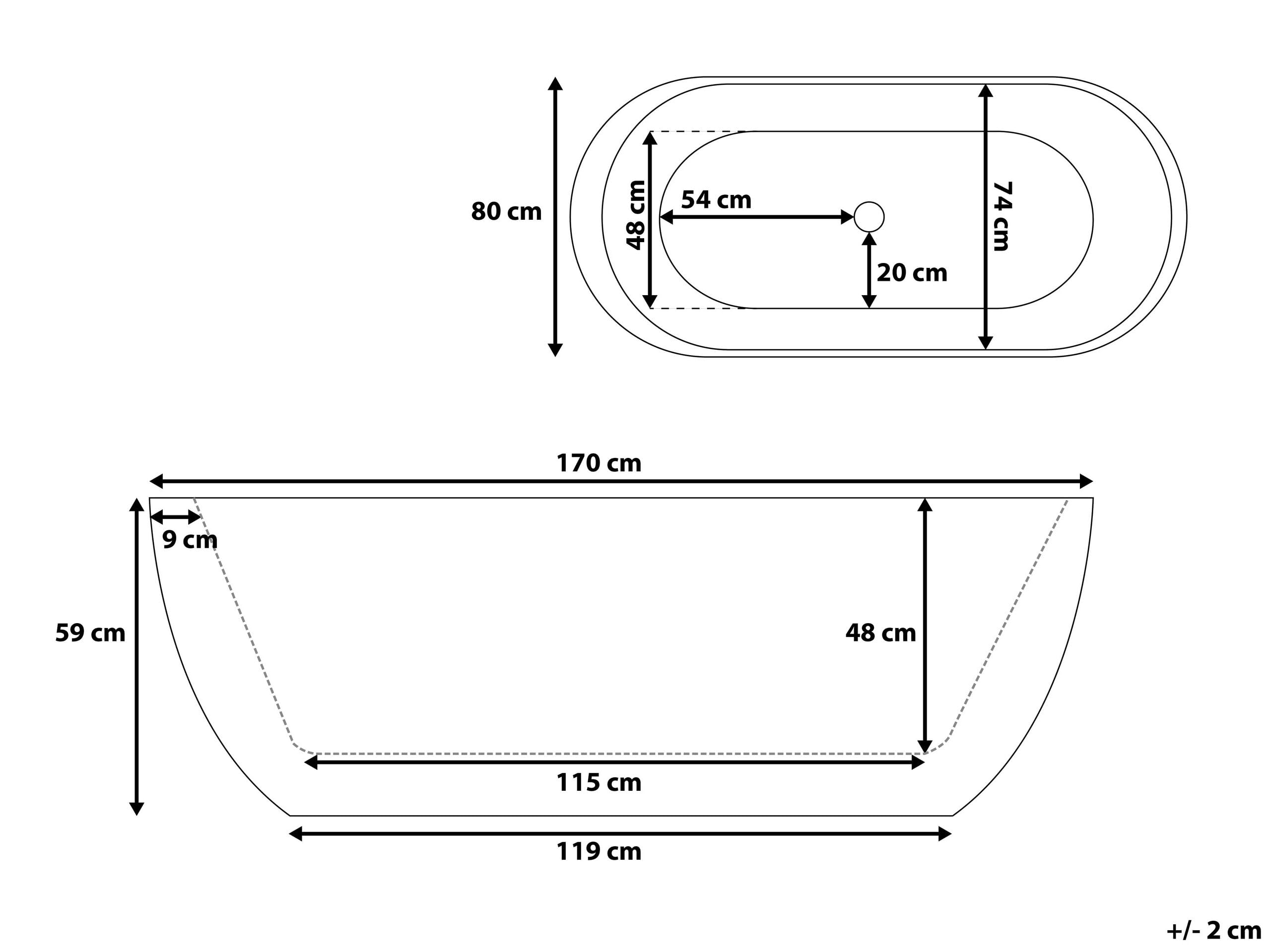 Bañera independiente de acrílico blanco plateado 170 cm con rebosadero moderno Nevis
