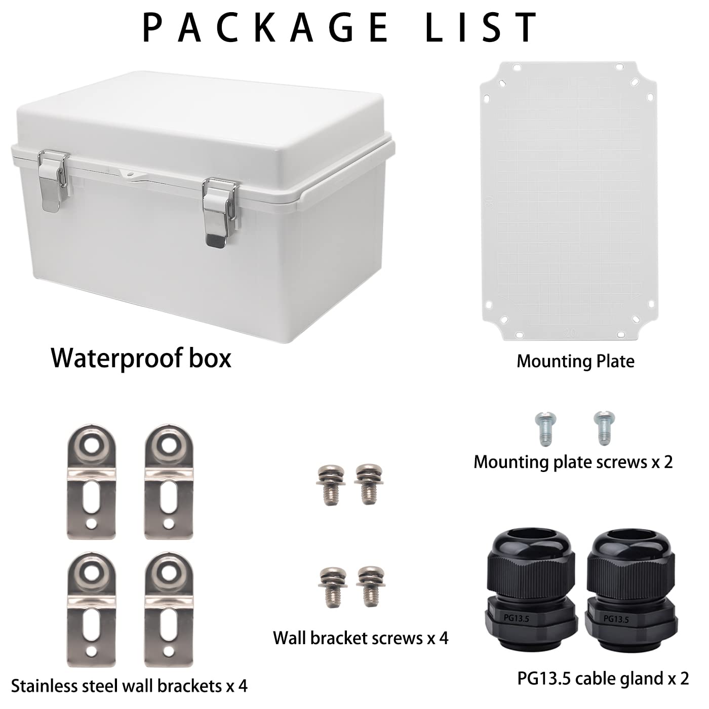 Wasserdichte elektrische Box mit Montageplatte, 300x200x170 mm, IP67 Anschlussdose, Edelstahl-Verriegelung, Scharnier, Projektgehäuse mit Wandhalterung und 2 Verschraubungen, 30x20x17 cm