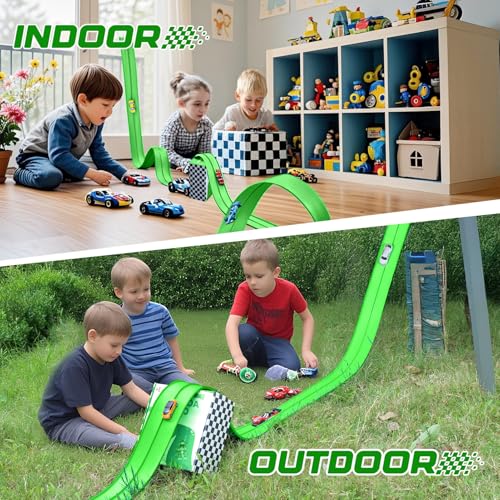 Image of Flexible Race Car Track 15 Ft Starter Set with Suction Cups Compatible with and Diecast 1 /64th Car for Ages 3 & Up Classic Green Double Track Long Rolls Up Portable Racetrack Birthday Gifts
