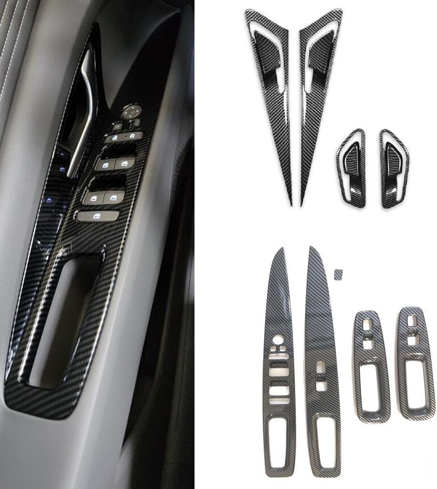 8Pcs Carbon Fiber Grain ABS Car Interior Door Panel Cover Window Glass Control Switch Panel Cover Set Compatiable with Hyundai Elantra N 2022-2025 Elantra N Line CN7 2021-2025 Accessories