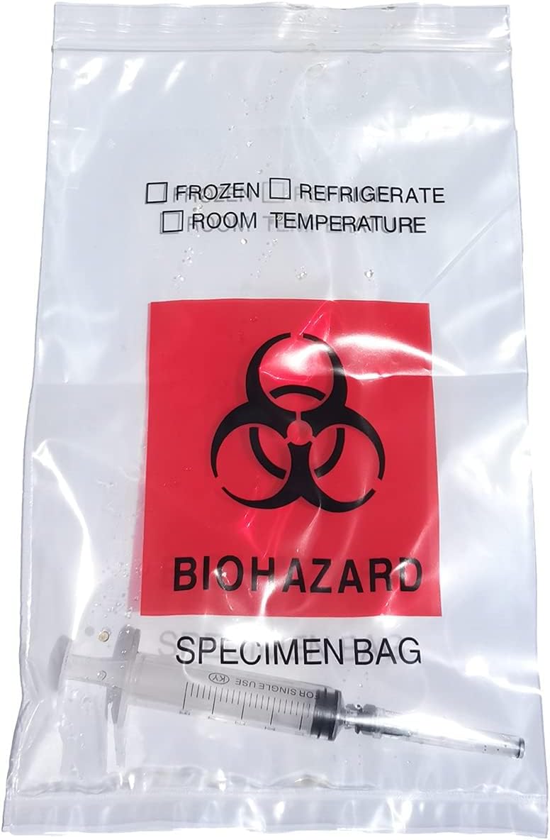 Biohazard Specimen Bags,100pcs 6x9in/15x25cm with Biohazard Red Logo Printing, Ziplock Top Sample Bags with Outside Pocket Paperwork Pouch