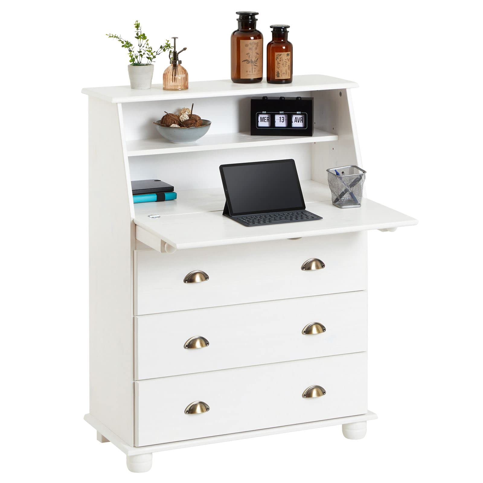 IDIMEX - Escritorio secretario Gomes con tapa 1 estante y 3 cajones, encimera abatible, madera de pino macizo, barnizado, color blanco