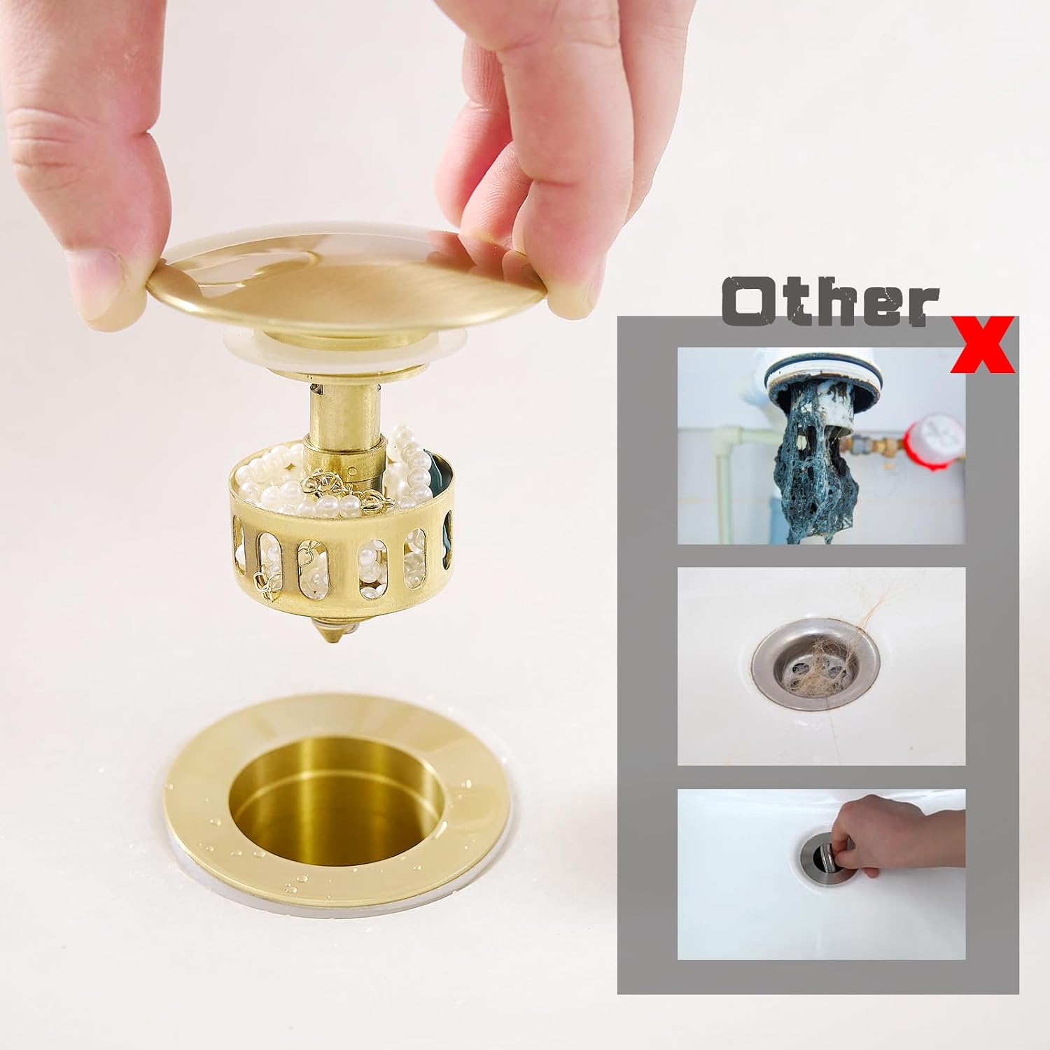 VOTON Bathroom Vessel Sink Pop Up Drain Without Overflow Assembly, Lavatory Vanity Sink Drain Stopper, Anti-Clogging Drain Strainer, Brushed Gold