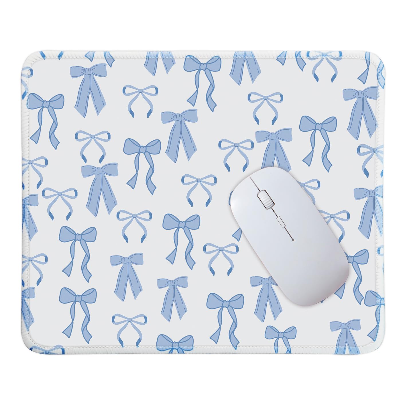 Mouse Pad for Desk with Stitched Edge, Premium Cute Washable Mouse Pads. Computer Mousepad with Non-Slip Rubber Base, Mousepads for Laptop, 9.25x7.75x0.12 inch (Blue Bows)