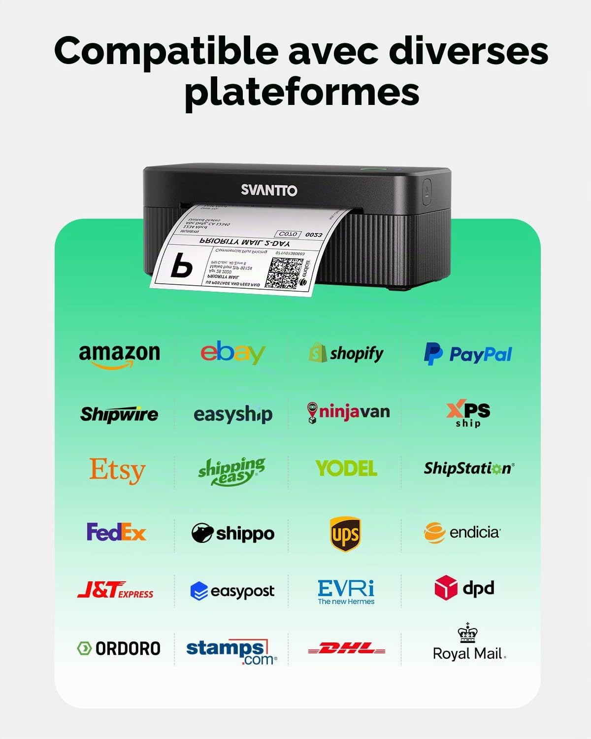 SVANTTO Imprimante Etiquette Expedition Bluetooth, Imprimante Etiquette Autocollante 4x6 pour Petites Entreprises, Compatible avec DHL, DPD, UPS, Shopify, iPhone, Mac, Windows, Noir