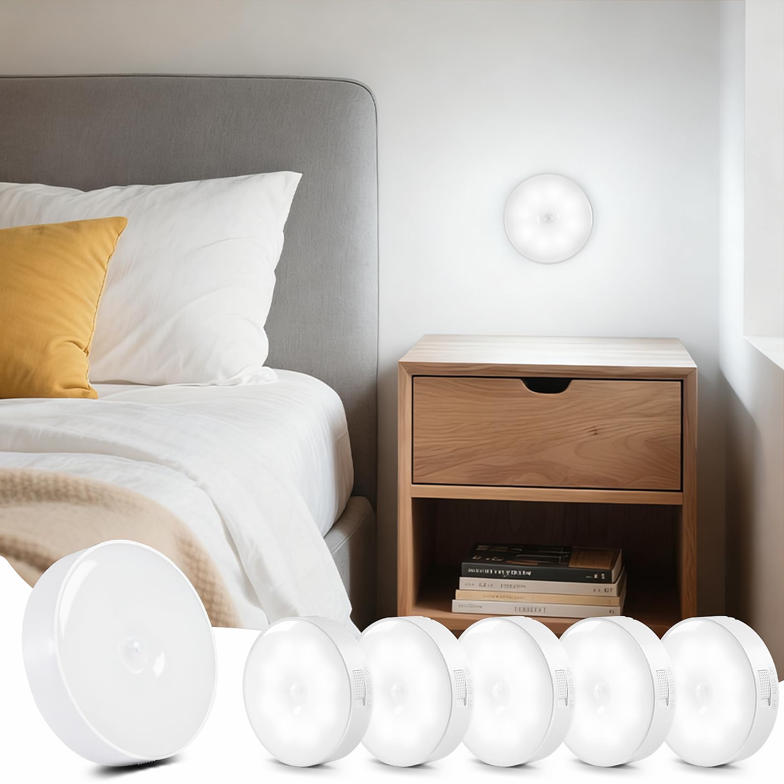 Luces con sensor de movimiento para interiores, paquete de 6 luces de armario, luces de escalera, luz nocturna, 3 modos de carga USB, magnéticas, para cocina, escalera, armario, debajo del