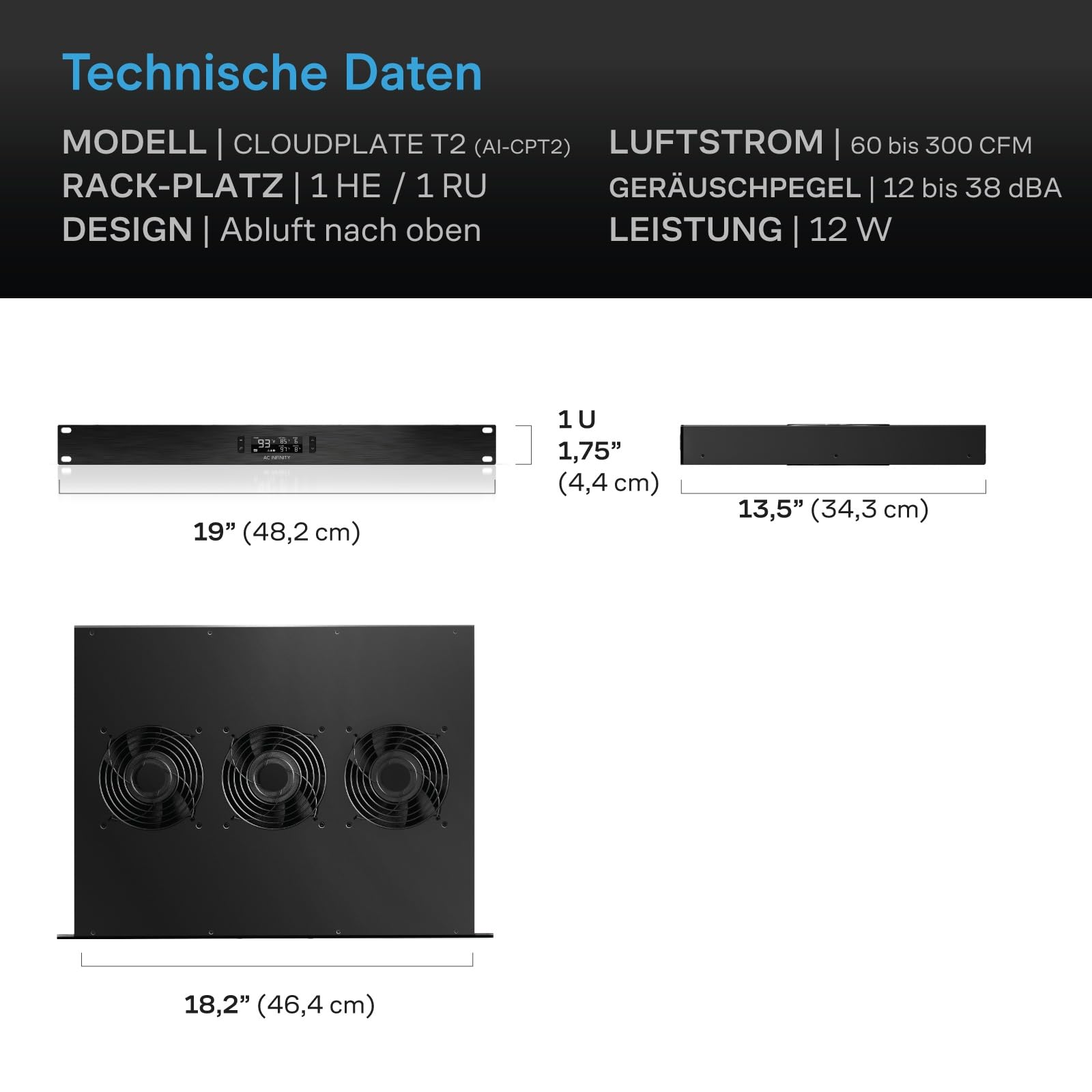 AC Infinity CLOUDPLATE T2 – 19 Zoll Racklüfter 1 HE, Abluftstrom (oben)