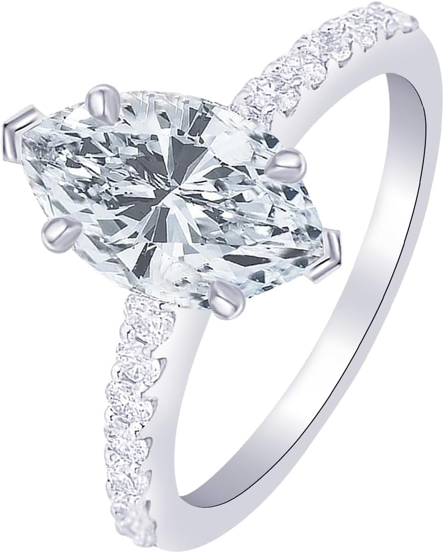 Houston Diamond District 1.5 Carat Marquise Cut Classic Graduating Pave Set Diamond Engagement Ring (J-K Color I1-I2 Clarity 1 Ct Center)