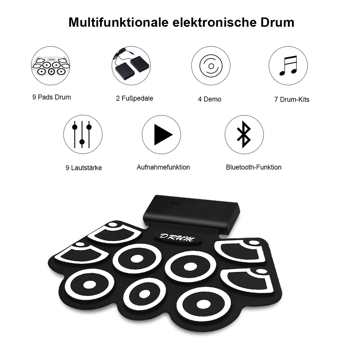 COSTWAY 9 Pads E-Drum, elektronisches Schlagzeug Set mit Bluetooth, Roll-Up-Trommel inkl. Pedale und Drumsticks für Kinder und Anfänger, schwarz