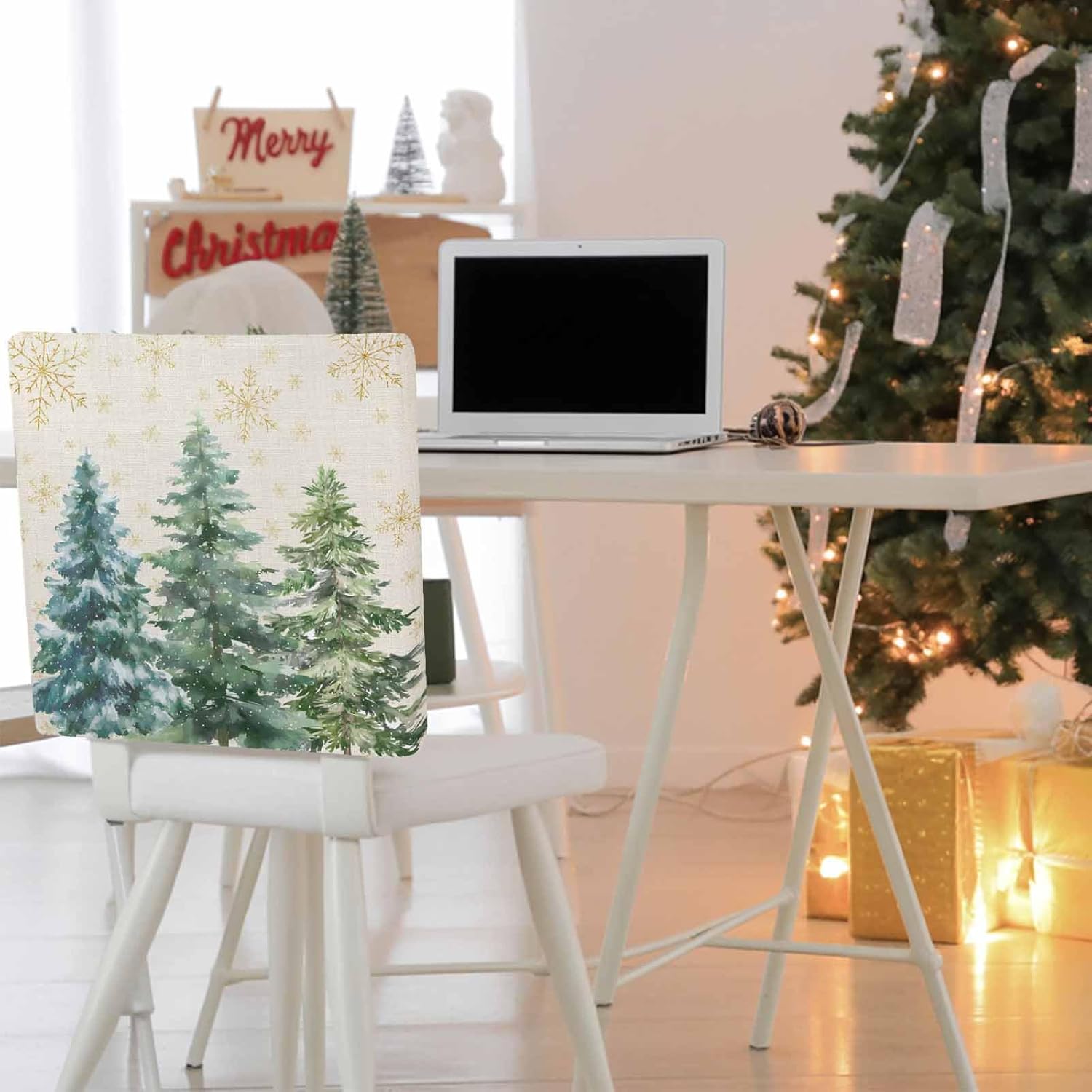 Green Christmas Tree 4 Packs Dining Chair Back Cover, Green Xmas Tree Snowflake Rustic Decorative Kitchen Dinner Chair Seat Covers Chair Slip Covers, Slipcovers Protect for Dinning Room