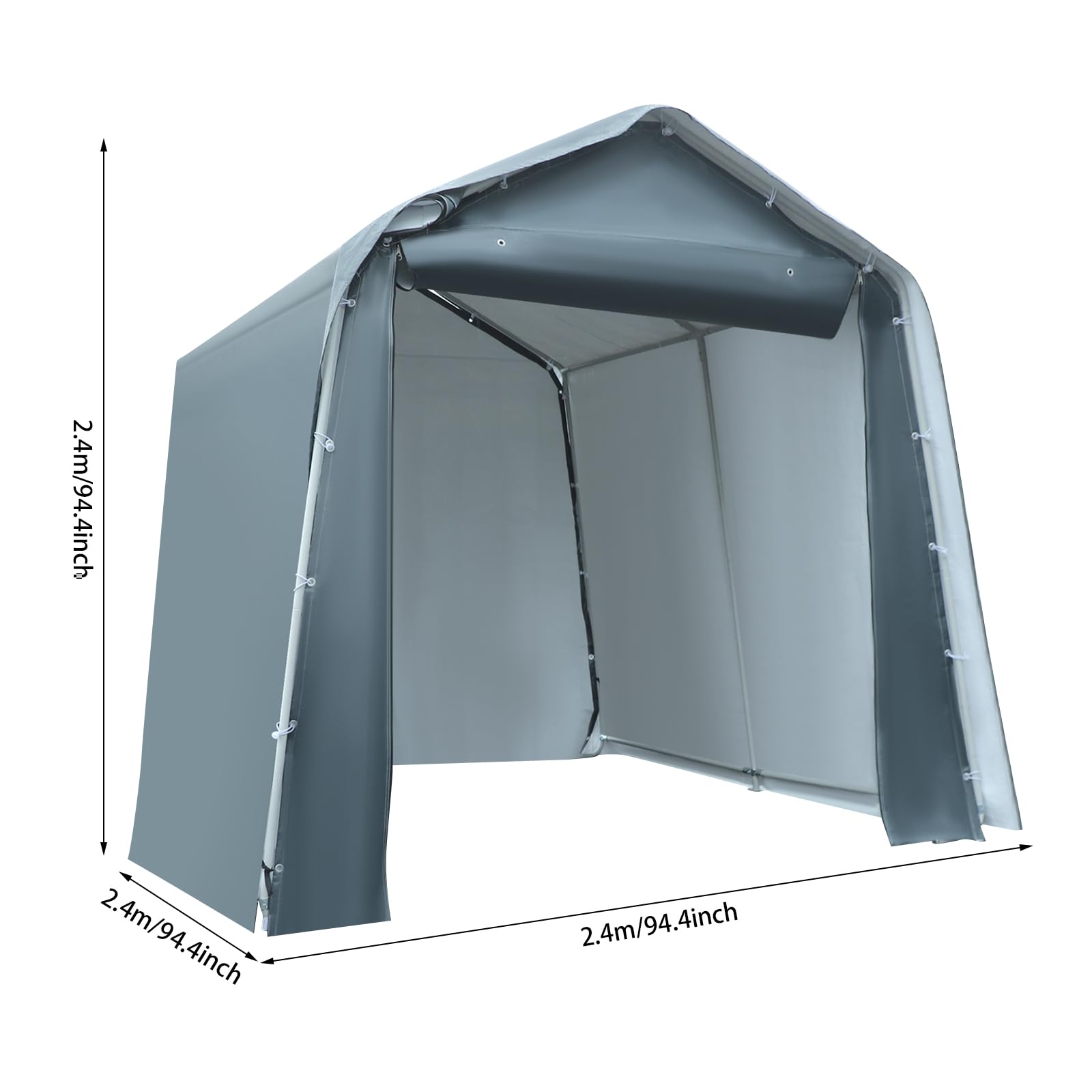 Tenda da garage portatile per esterni, 2,4 x 2,4 x 2,4 m, tettoia impermeabile in polietilene con robusto telaio in acciaio, per auto, bicicletta, attrezzi da giardino, grigio