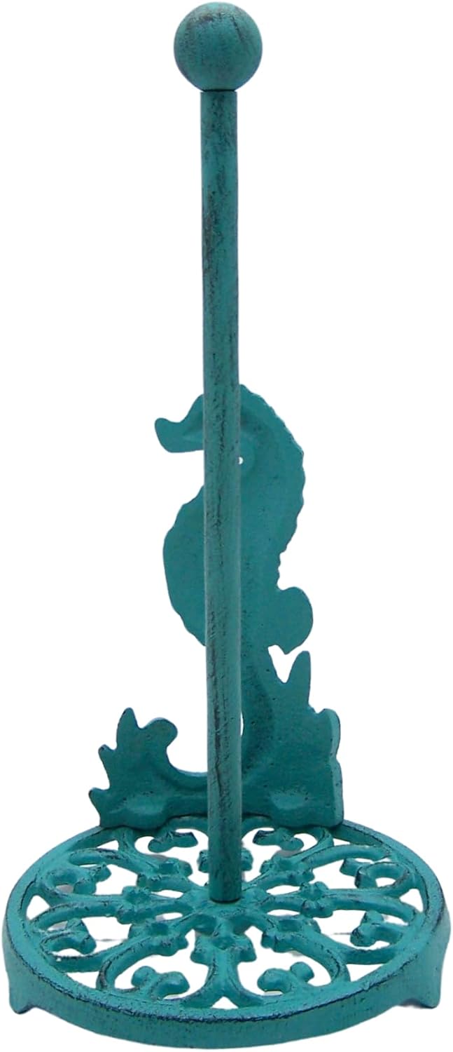Seahorse Paper Towel Holder, Turquoise Cast Iron Kitchen Decor, 13 Inches Tall