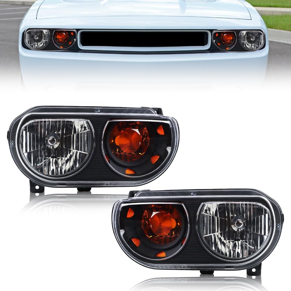 Halogen Headlight Assembly compatible with Dodge Challenger 2008-2014, Halogen Headlamps Black Housing Amber Reflector Driver & Passenger Side, 1 Pair