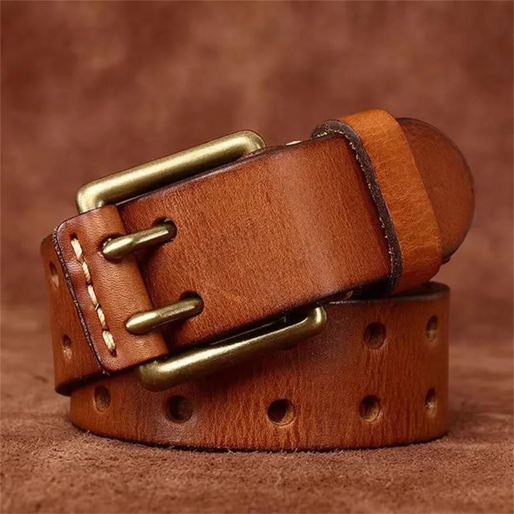 Men's Vintage Leather Belt - 3.8 cm Wide Cowhide with Copper Double Needle Buckle
