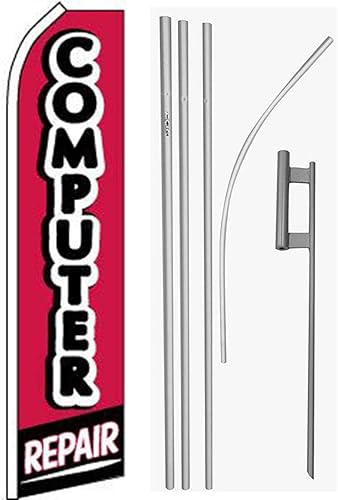 Premium Computer Repair Red & Windless Flag & 16ft Flagpole KitGround