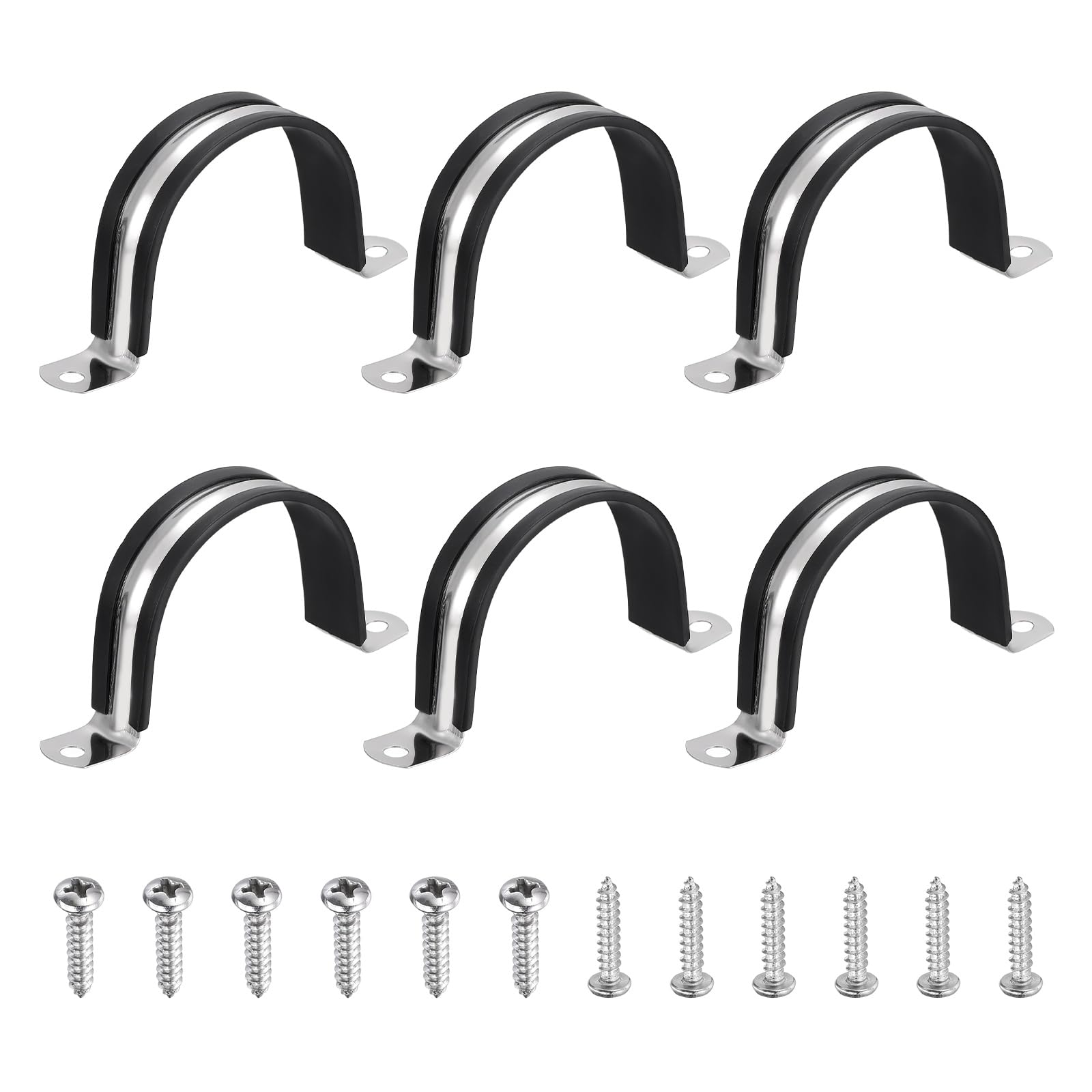 sourcing map 6Pcs 57mm Pipe Clips, 304 Stainless Steel Rubber Coated Cushion Pipe Strap Clamp U-Shaped Bracket with M3x157mm Screws for Tube Hose Cable Installation, Black