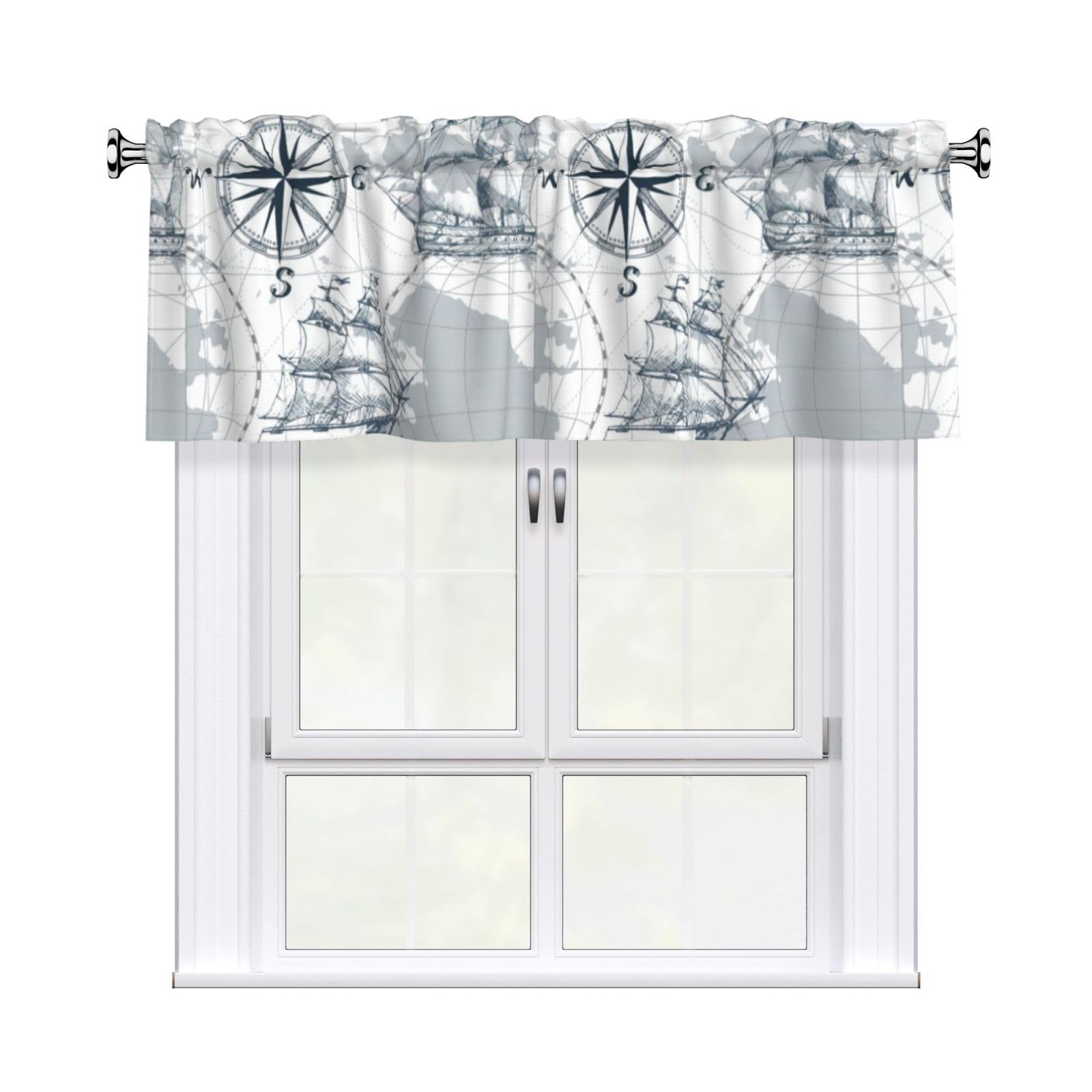 WHJDPP Nautical Sailboat Map Prints Charming Kitchen Window Cover – 54x18 Inch Peach Skin Valance with Decorative Print