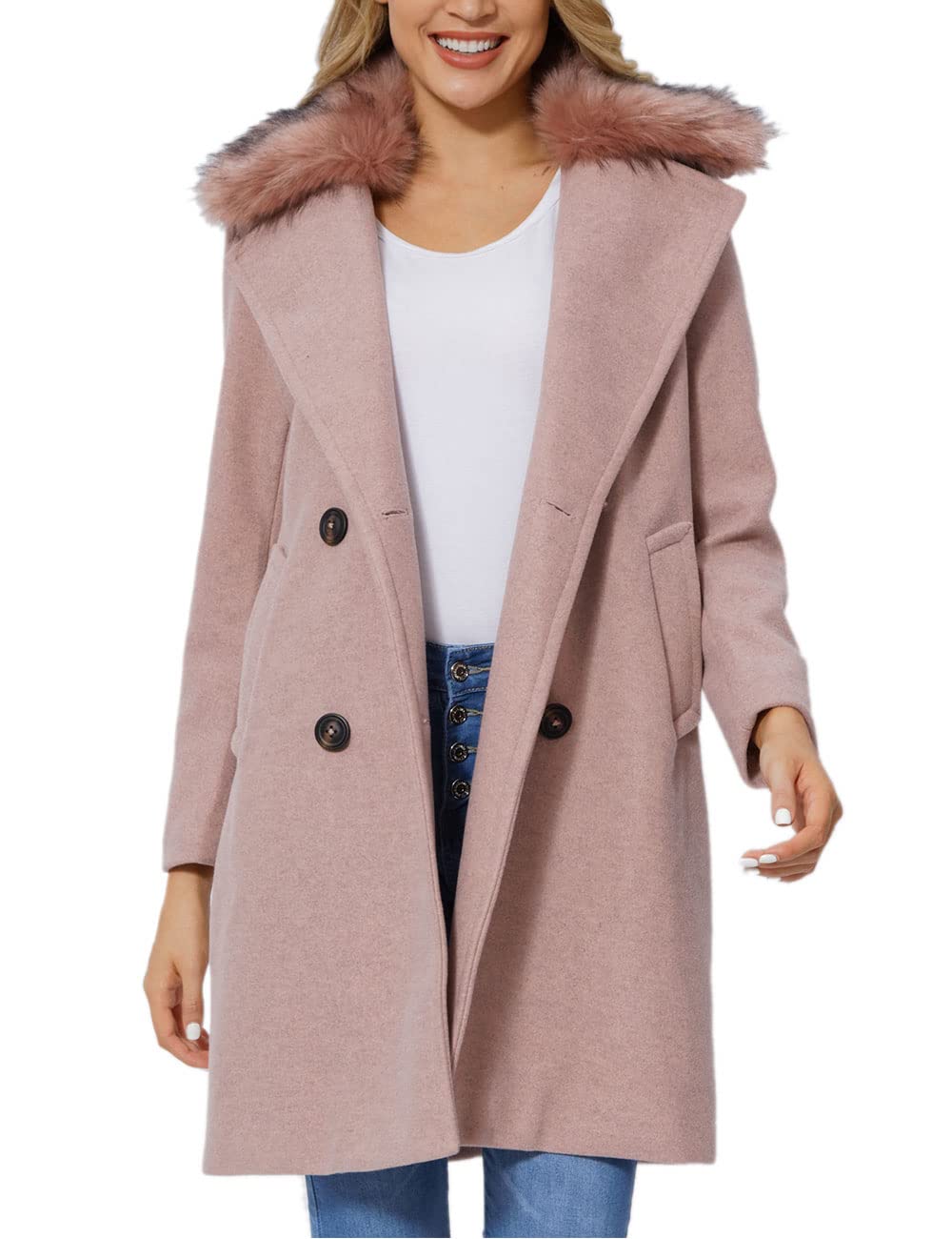 Bellivera Women Wool Jacket Blend Winter Mid Long Trench Coat Warm Pea Overcoat