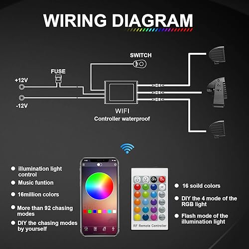 Miniatura 7 de Lpteso Barra de luz LED RGB de 52 pulgadas + 2 módulos LED RGB de 4 pulgadas con 16 colores sólidos que persiguen el anillo cambiante con