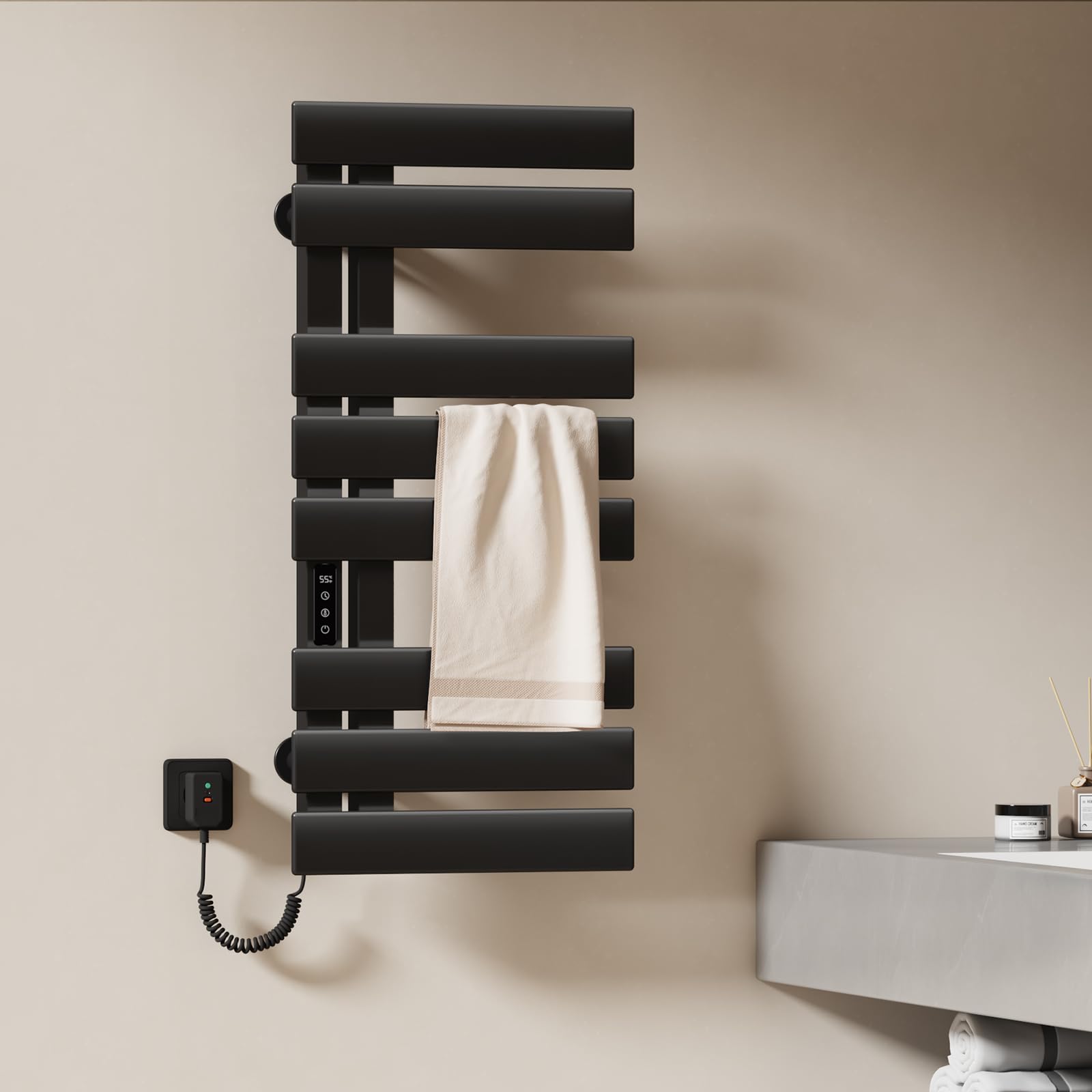 EMKE Toallero Electrico Baño, 850x400mm, 230W, Negro, Lado Izquierdo, Radiador Toallero Eléctrico, Pantalla TÔctil, Toallero Eléctrico con Control Wi-Fi, Función Temporizador