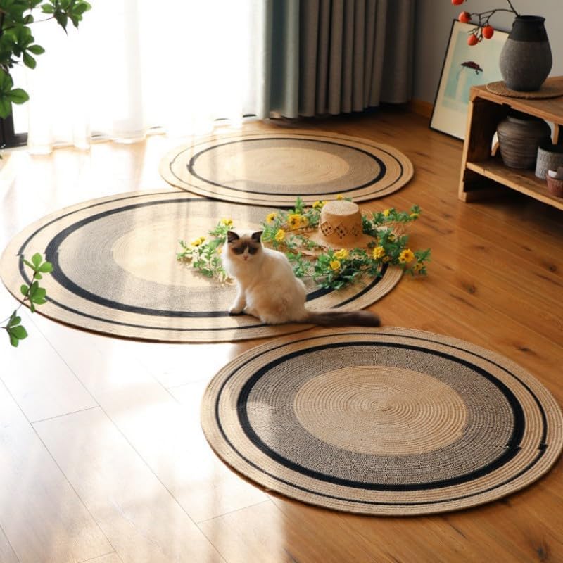 Image of Cotton Round Carpet 4x4 feet - Handmade Braided Boho Rug for Living Room, Bedroom & Balcony - Soft Washable Floor Mat, Color -Beige Black