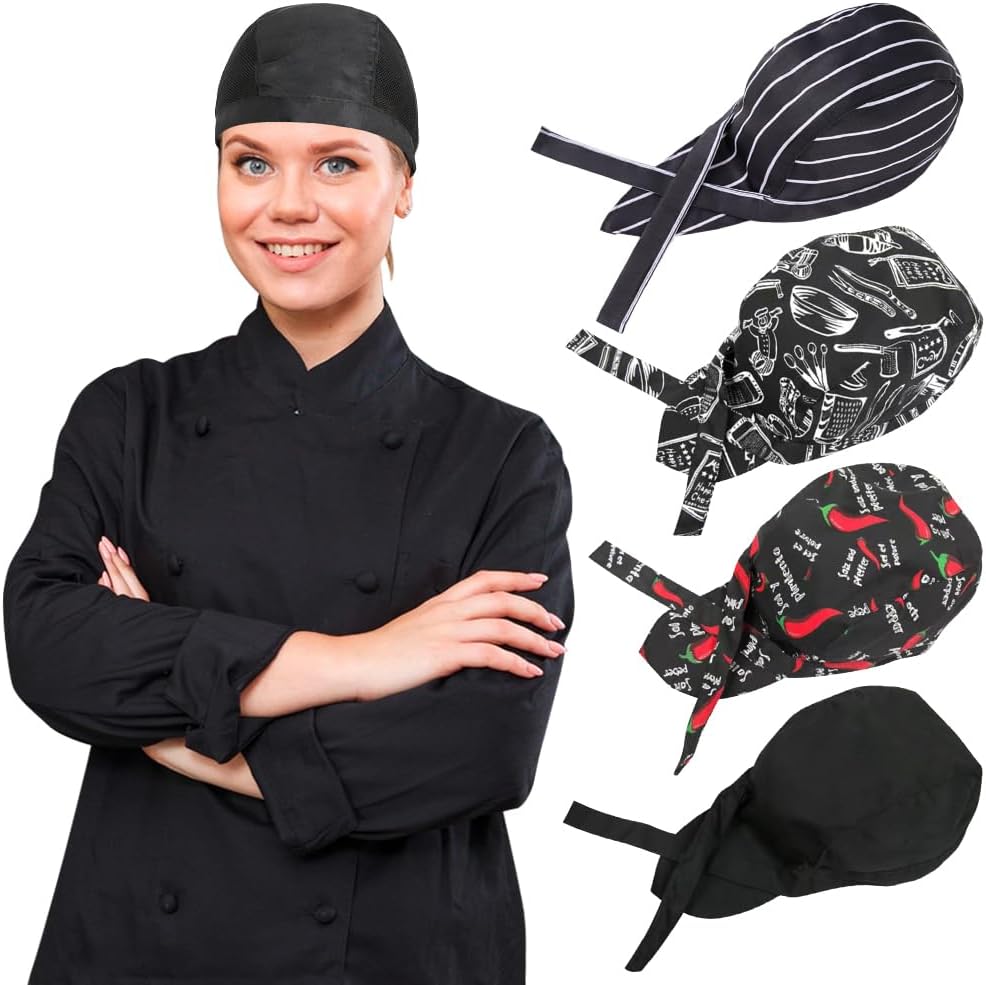 4 Pack Adjustable Tie Back Chef Cap - Breathable Cooking Kitchen Hat for Women & Men