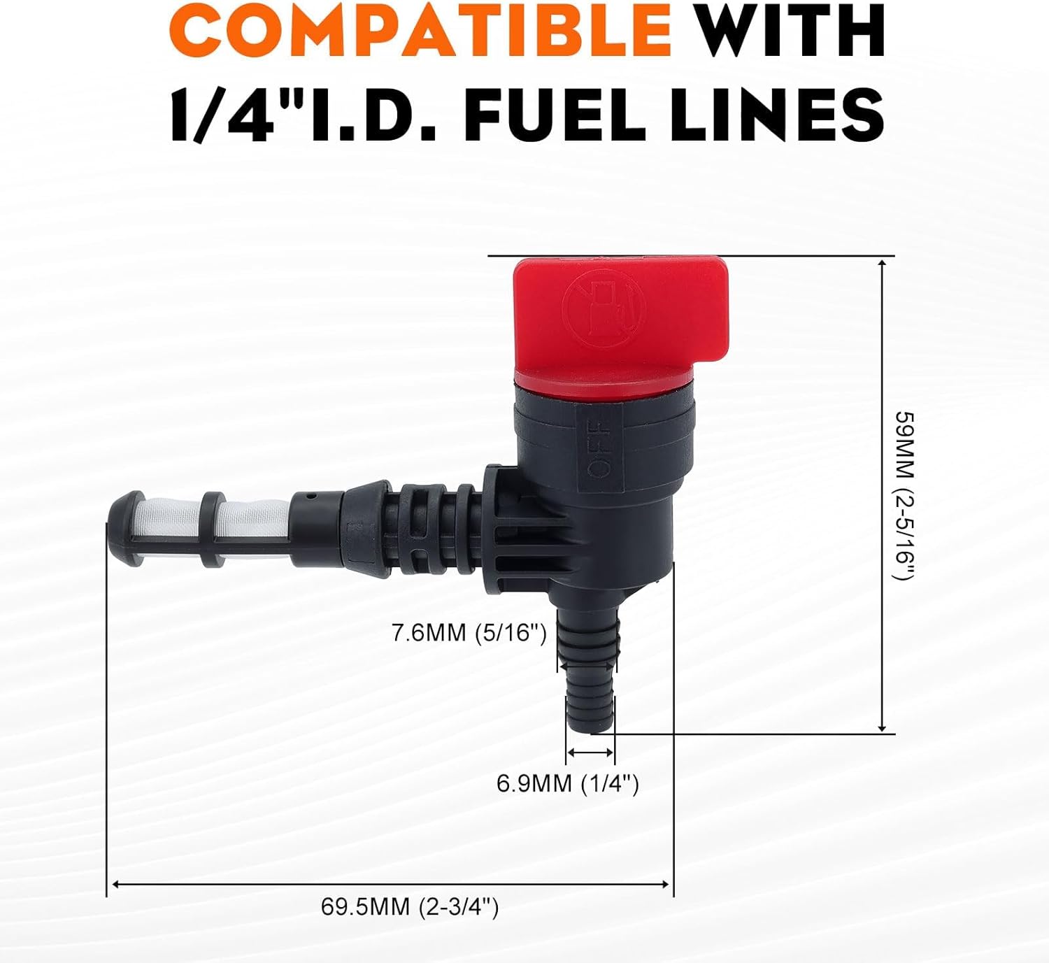 Diagram showing dimensions of the Hipa 192980GS Fuel Shut Off Valve and its compatibility with 1/4 inch I.D. fuel lines