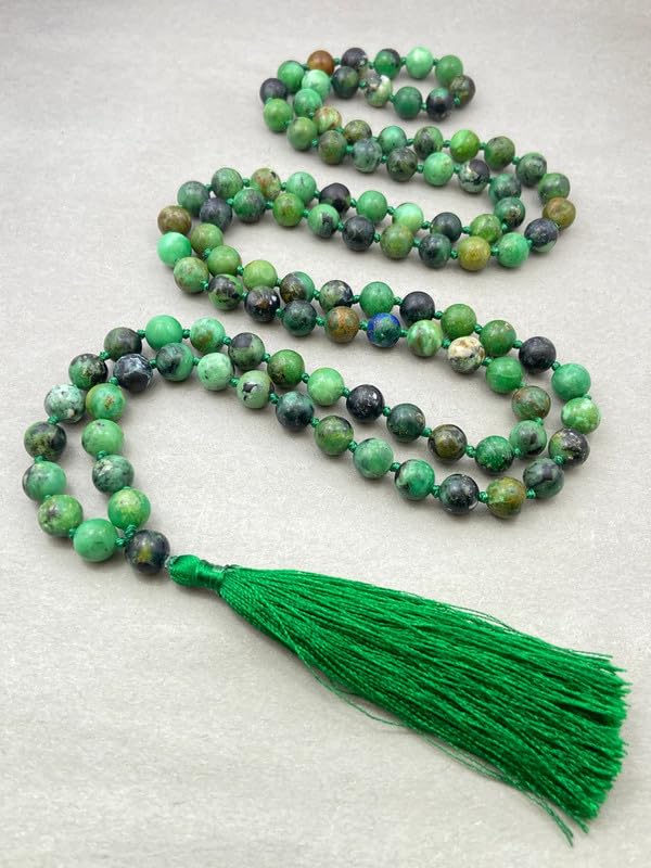 Natural AAA Variscite Mala, 108 collar mala anudado de 6 mm, collar de variscita, collar de oración, mala tibetano, mala anudada, collar budista, borla mala