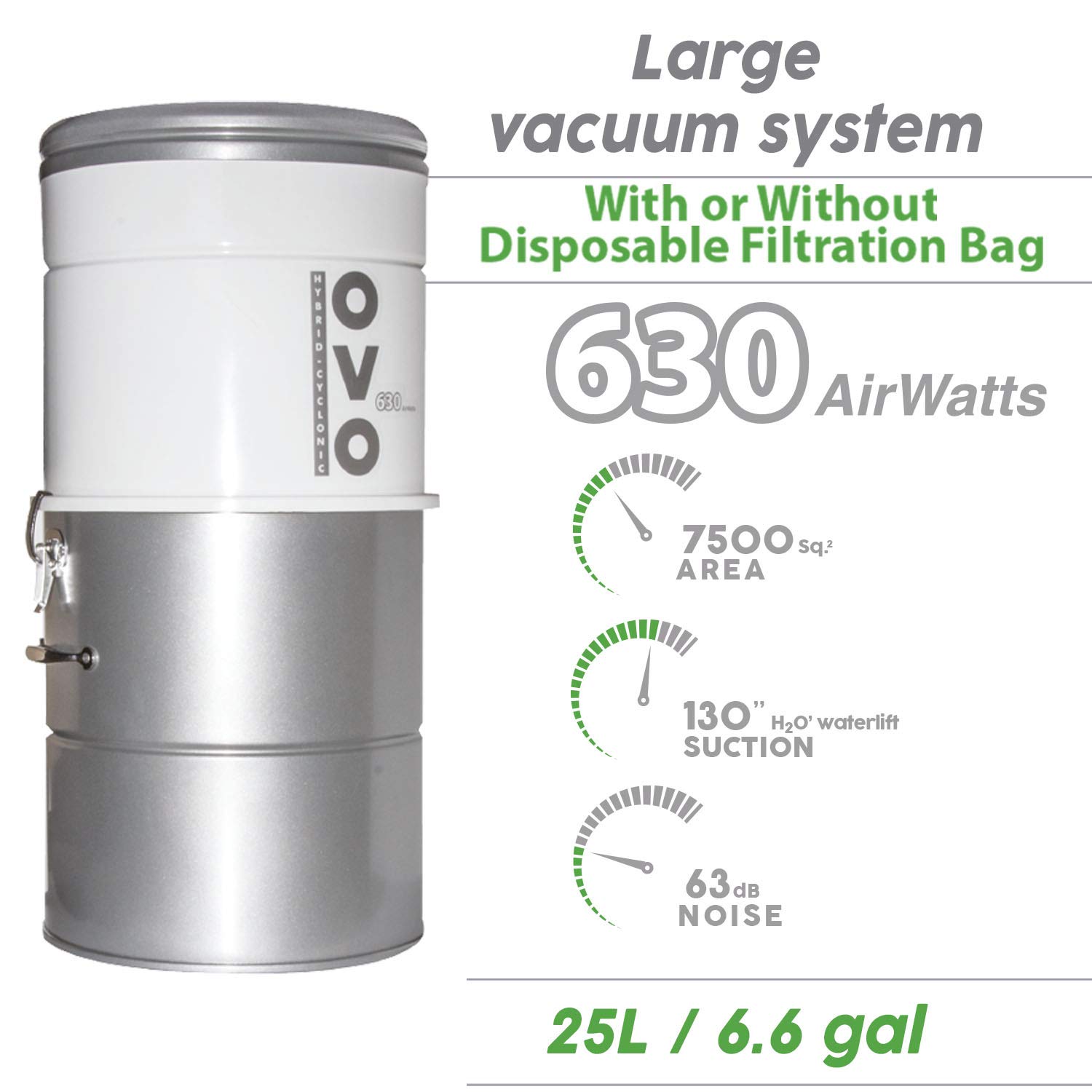OVO Large and Powerful Central Vacuum System, 630 Airwatts Hybrid Filtration (with or Without Disposable Bags), Covers up to 7500 sq.ft, 6,6 Gal / 25L Bottom Load Rolled Steel Canister