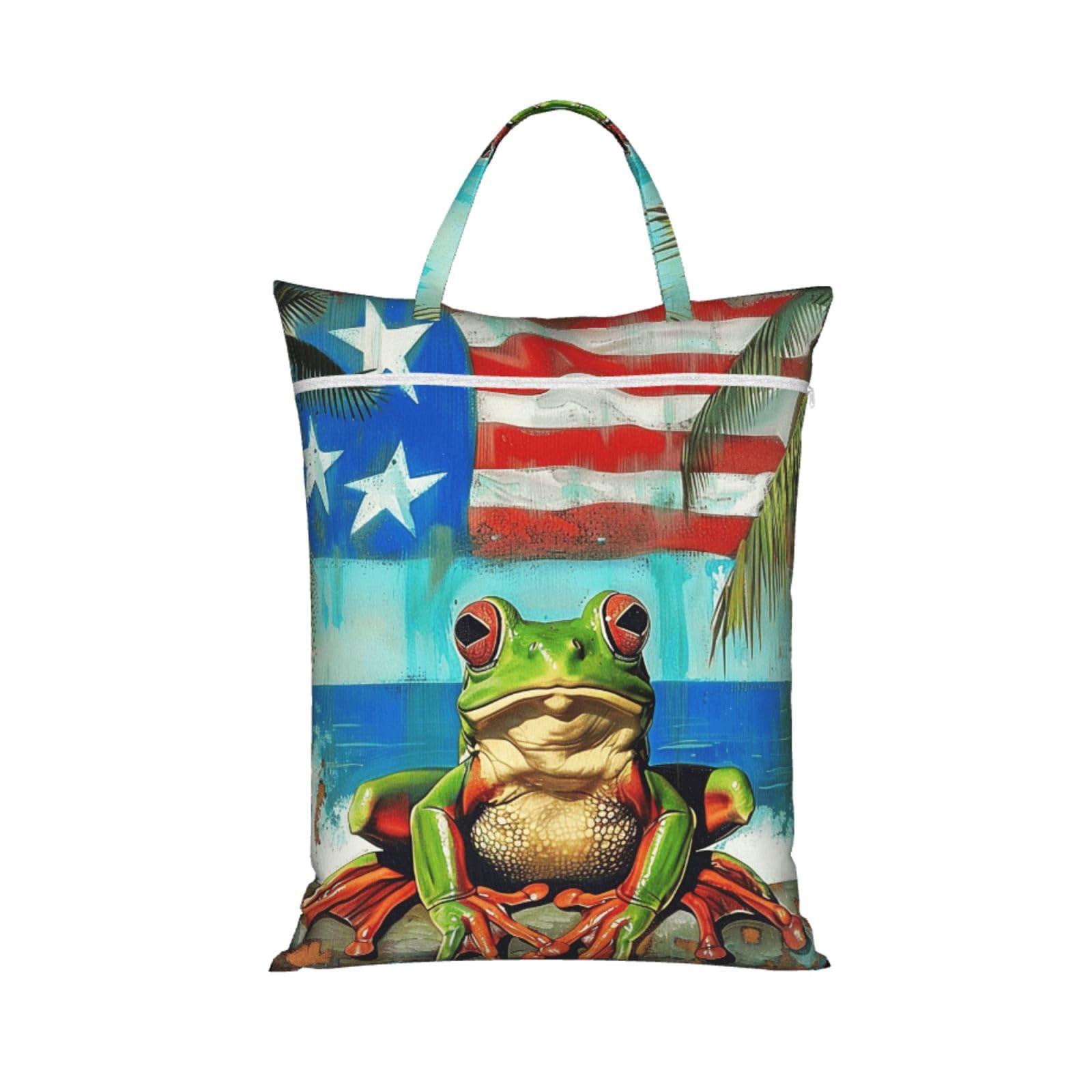 Large Travel Laundry Bags,Puerto Rico Flag Frog Palm Trees Print with Handle Foldable Laundry Bag for Holidays Gym Swimming and Family Trips, 1Pcs