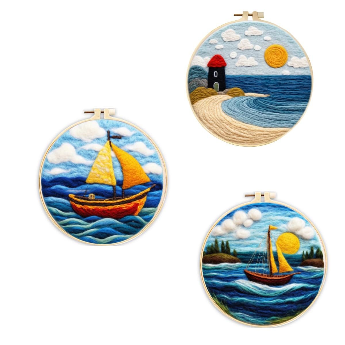 3 Sets Wool Felt Sets Seascape Scenery Needle Felting Kits DIY Handmade Wool Felt Painting Kits Home Decor Needle Felt Starter Sets Gifts with Instructions and Foam Pad for Beginners (White)