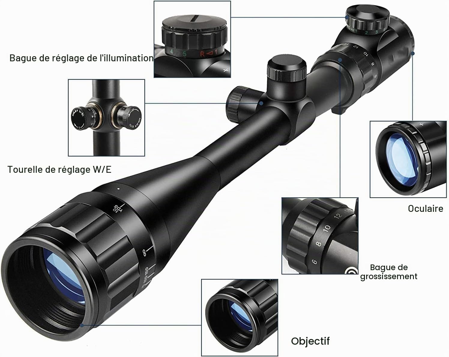 KinZon Lunette de Visée 6-24x50AOEG avec Réticule Lumineux Optique Mil-Dot et réglage de la parallaxe,Augmente la portée de la précision du Fusil de Chasse Tactique, ou pour équipement d’Airsoft.