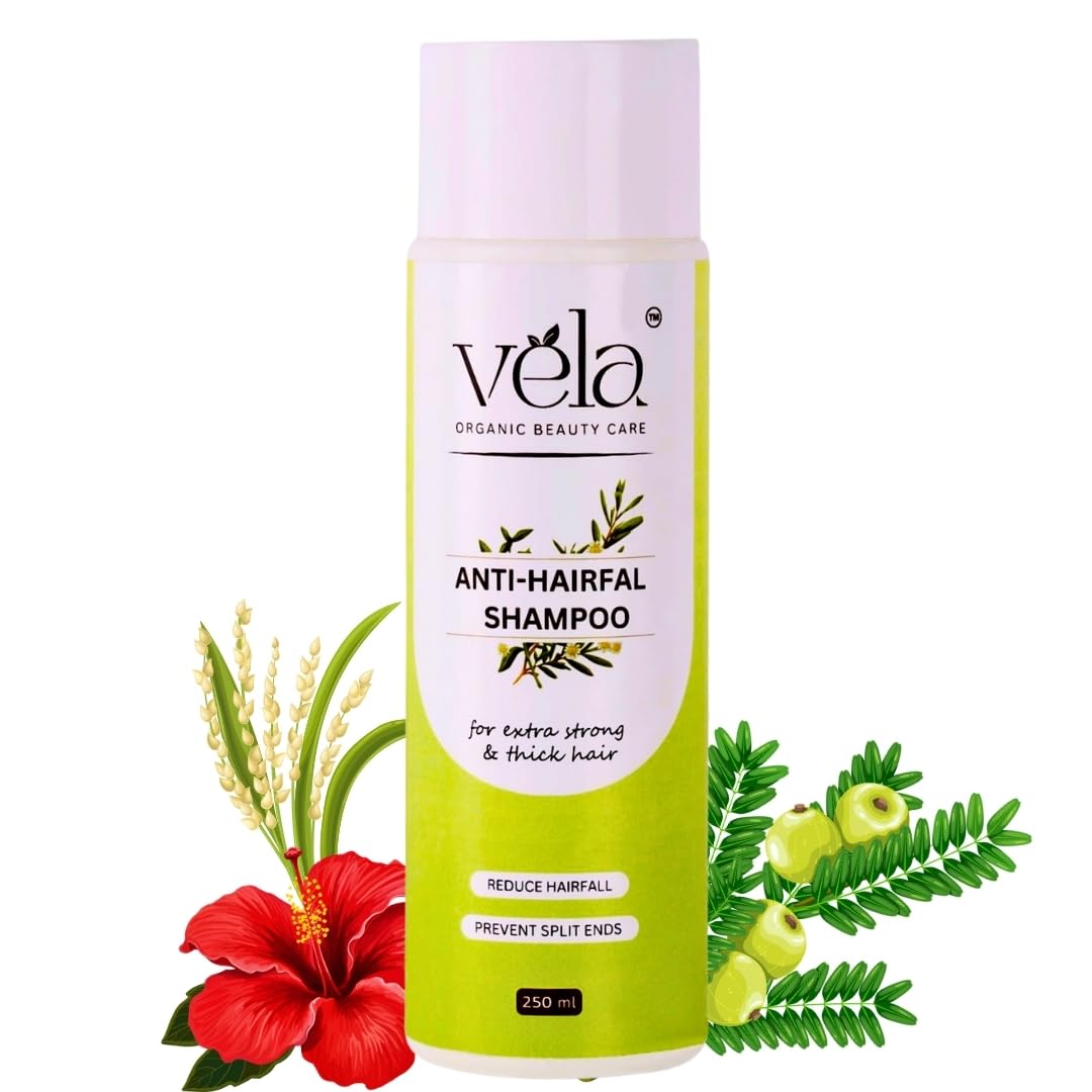 Vela's Anti Hair Fall Shampoo with Amla, Hibiscus & Bhringraj | Rice & Wheat Protein | Sulphate & Paraben Free | Reduces Hair Loss & Breakage | For Men and Women - 250ml