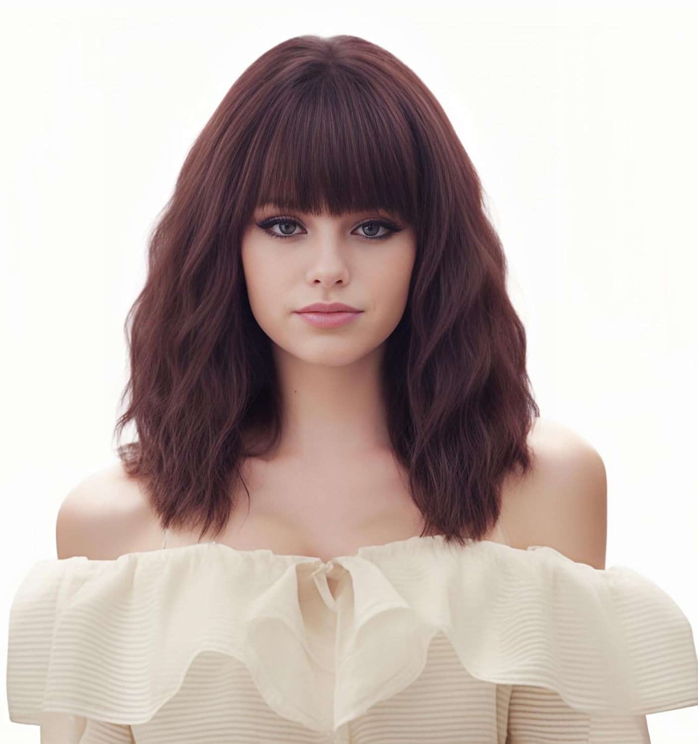 14 Inches Dark Brown Shoulder Length Wigs for Women Short Water Wavy Wig with Neat Bangs Synthetic Natural Wig for Daily Use,Cosplay