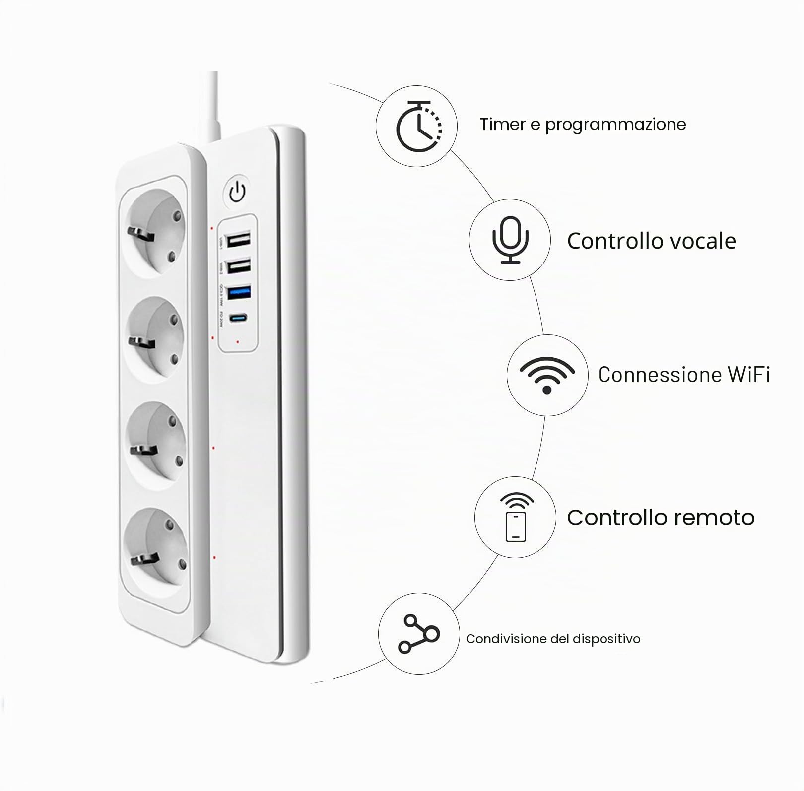 Ciabatta elettrica intelligente WLAN 16A, USB C multipresa da 20 W, controllo individuale di 4 prese AC, supporta app Tuya e Smart Life, timer, conto alla rovescia, compatibilità Alexa Google Home