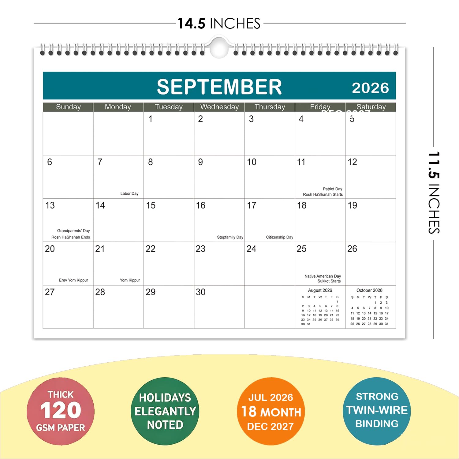 Wandkalender 2026 - 2027 Kalender läuft von Januar 2026 - Juni 2027, 36,8 x 29,2 cm, einfacher Wandkalender mit Notizen, Doppeldrahtbindung + Aufhängehaken + dickes Papier